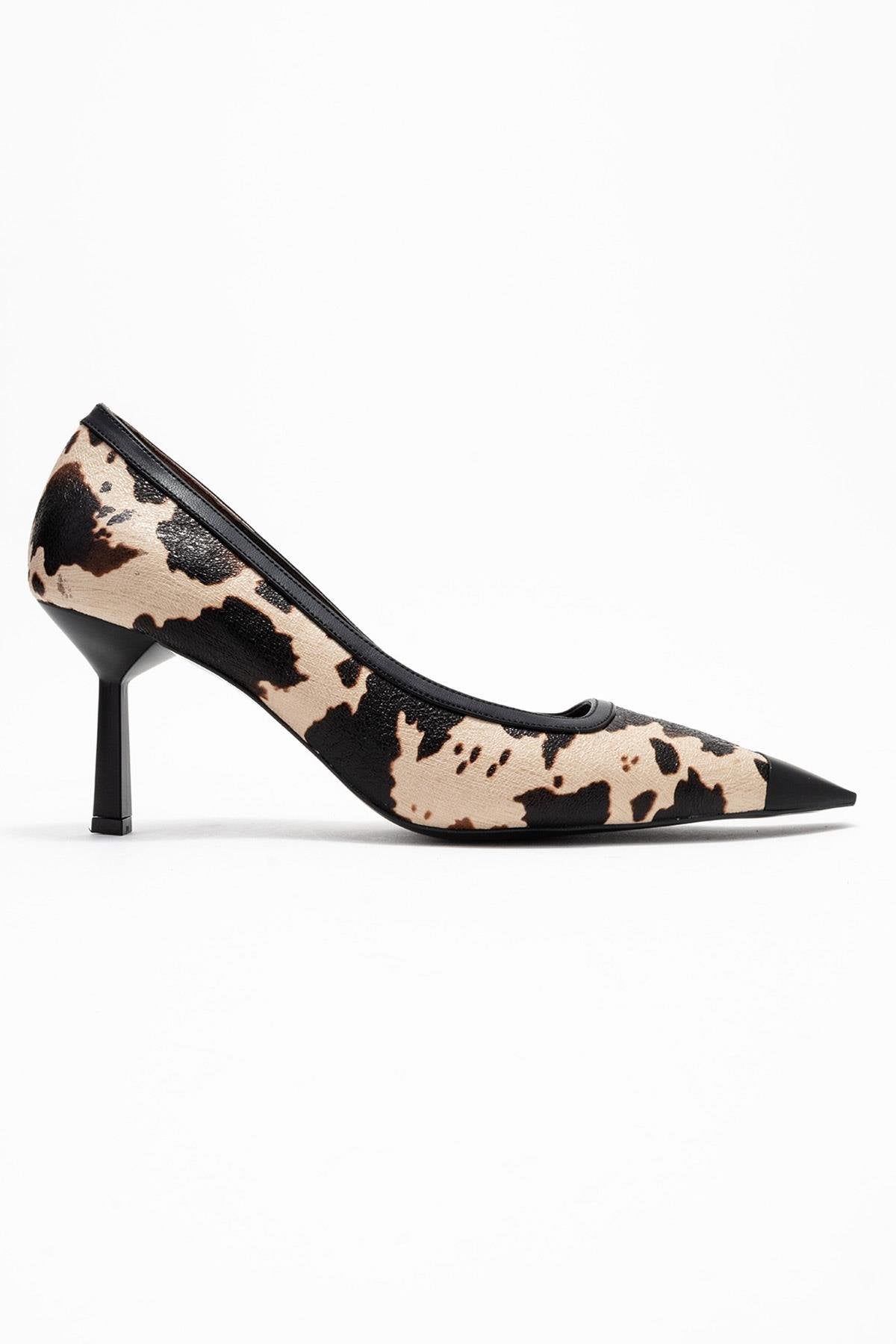 Rona - Black Beige Pattern Pointed Toe Pump – top view showing leather, black, SimmiUnique
