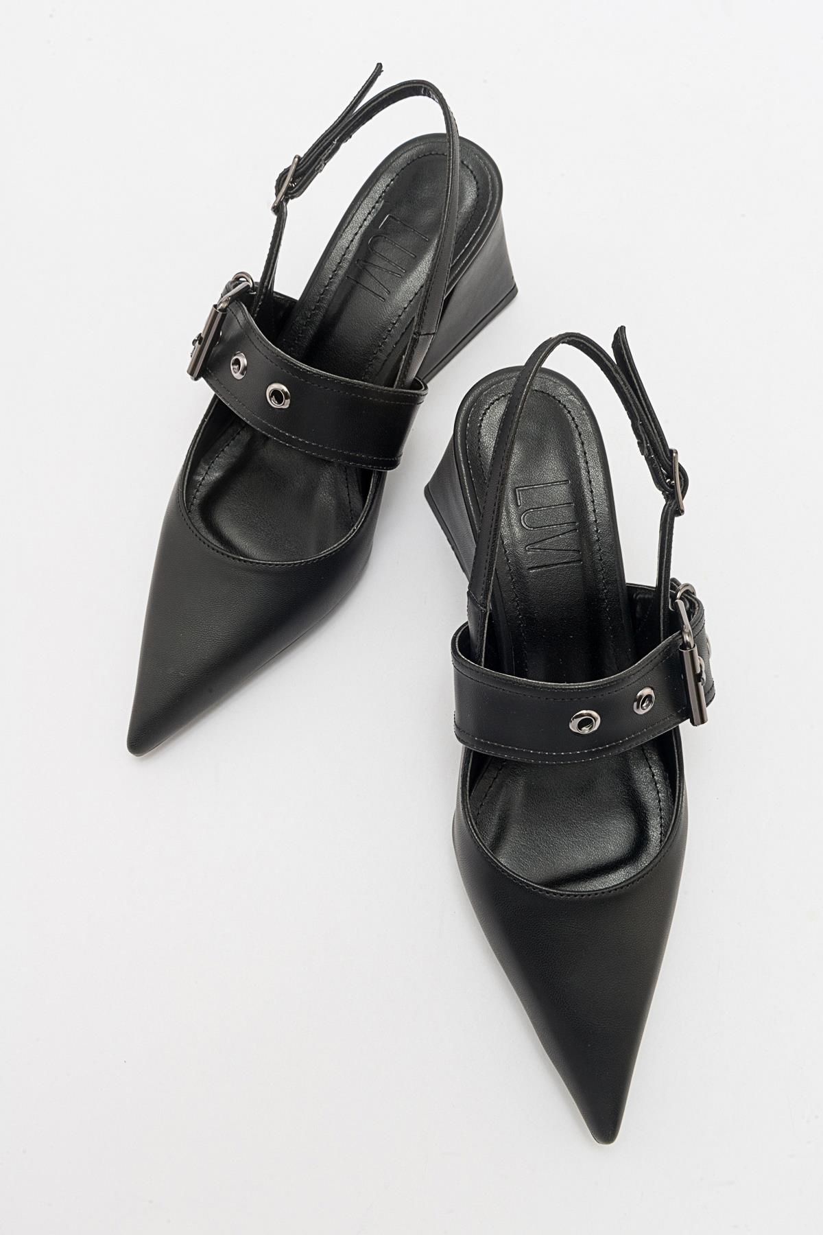 Nepido - Black Pointed Toe Open Back Chunky Heel Shoe – heel view showing leather, black, SimmiUnique