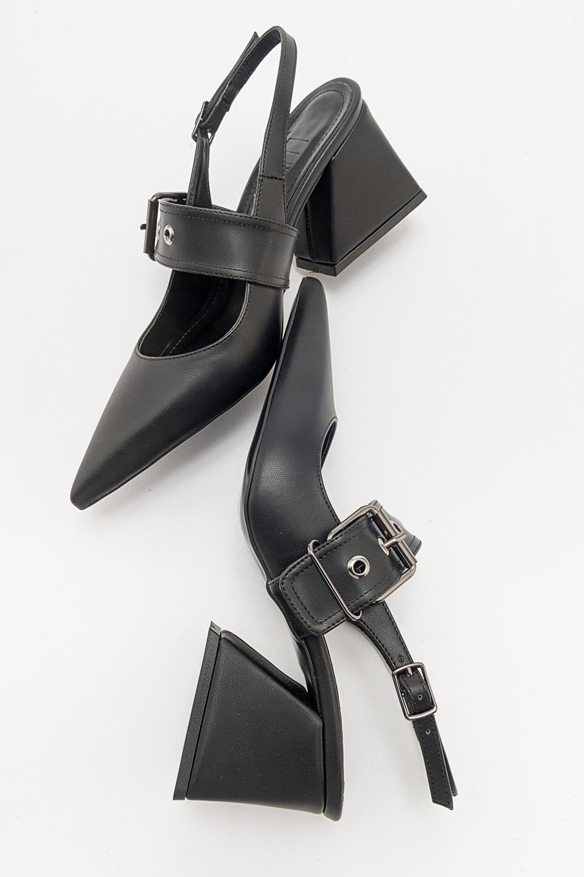 Nepido - Black Pointed Toe Open Back Chunky Heel Shoe – back view showing leather, black, SimmiUnique