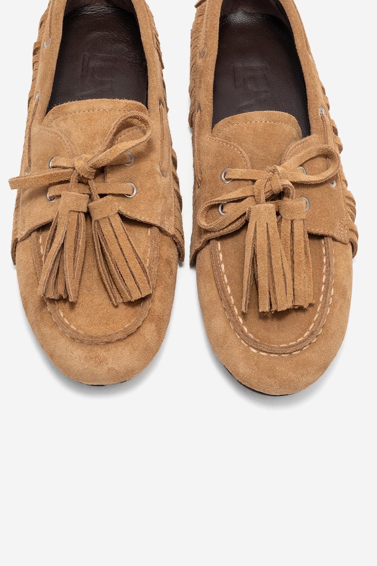 Fenora - Taupe Suede Genuine Leather Fringe Tassel Loafer – side view showing leather, suede, SimmiUnique