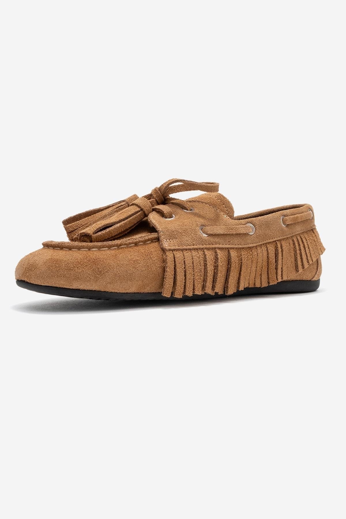 Fenora - Taupe Suede Genuine Leather Fringe Tassel Loafer – heel view showing leather, suede, SimmiUnique