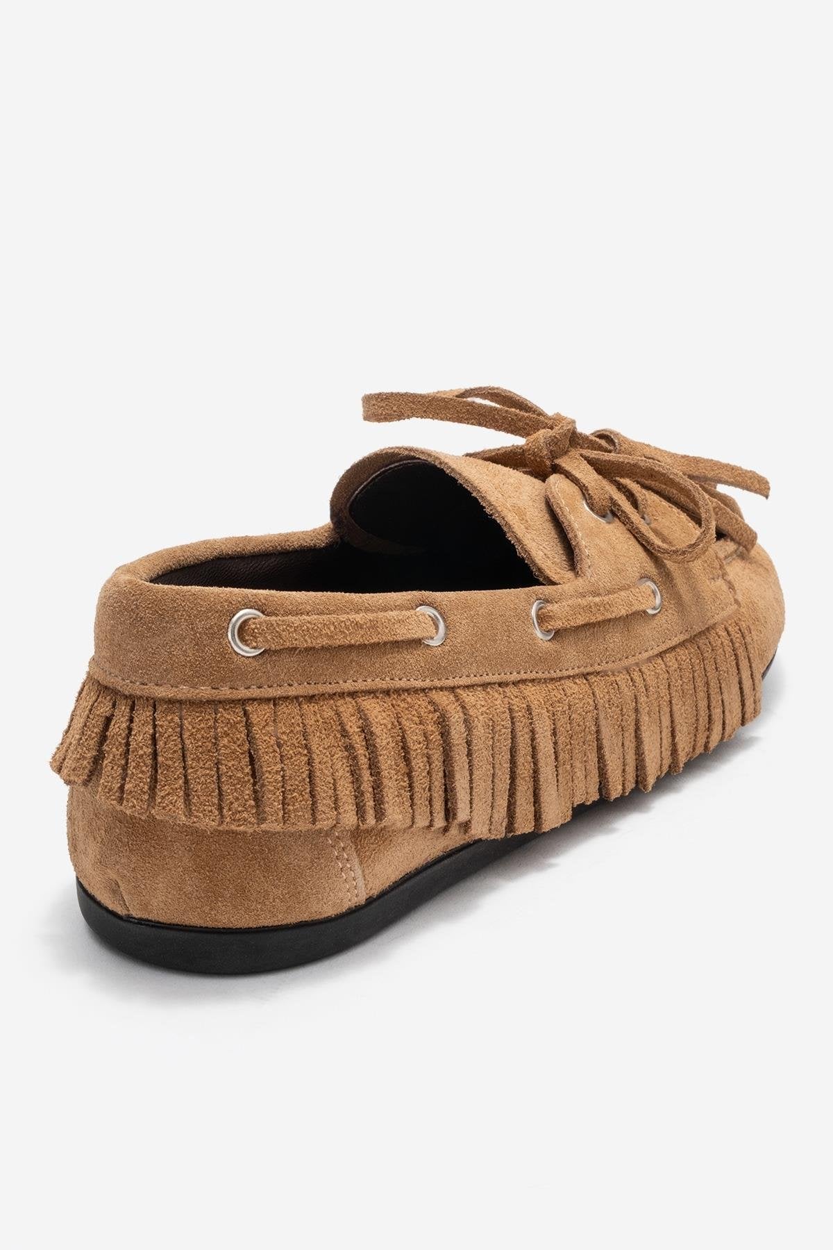 Fenora - Taupe Suede Genuine Leather Fringe Tassel Loafer – back view showing leather, suede, SimmiUnique