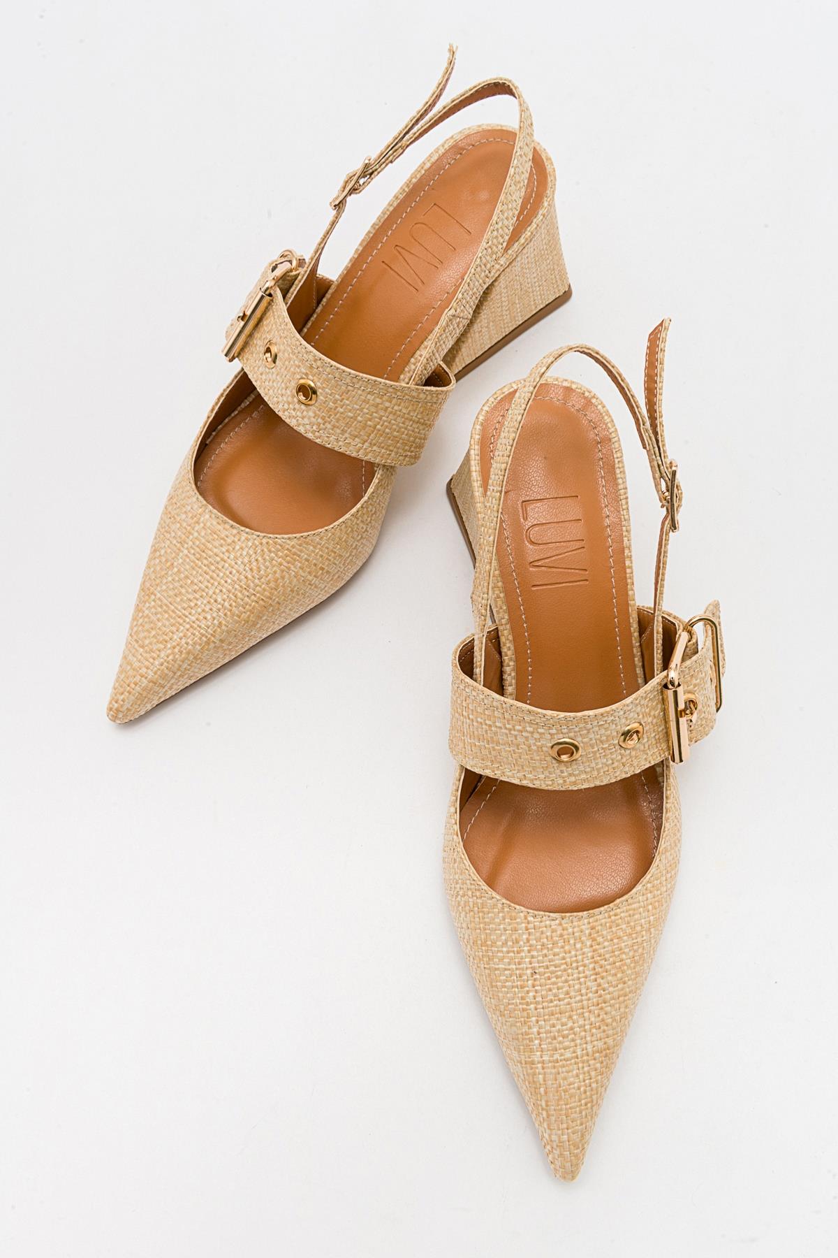 Nepido - Beige Woven Pointed Toe Open Back Chunky Heel Shoe – detail view showing leather, SimmiUnique
