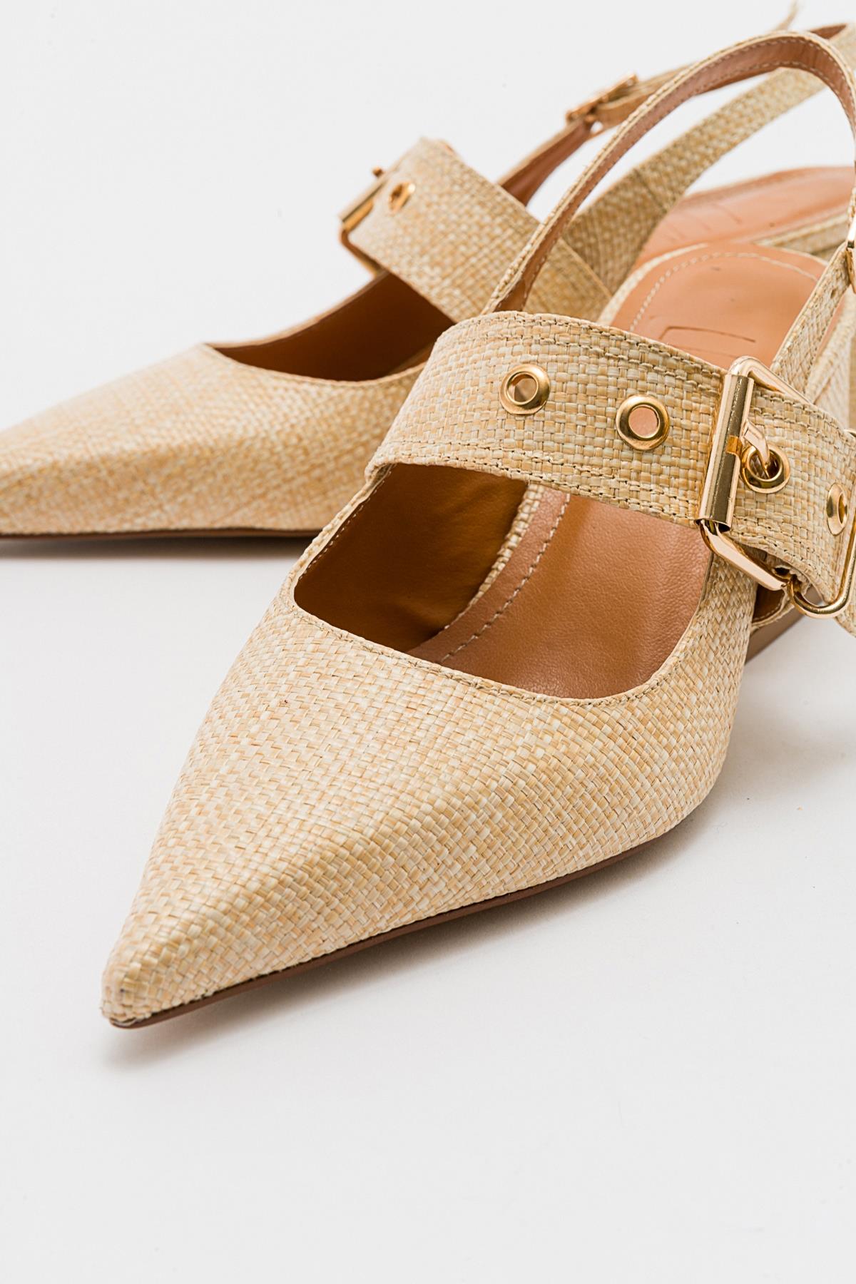 Nepido - Beige Woven Pointed Toe Open Back Chunky Heel Shoe – heel view showing leather, SimmiUnique