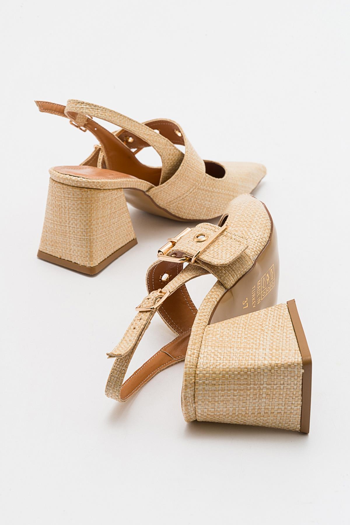 Nepido - Beige Woven Pointed Toe Open Back Chunky Heel Shoe – back view showing leather, SimmiUnique