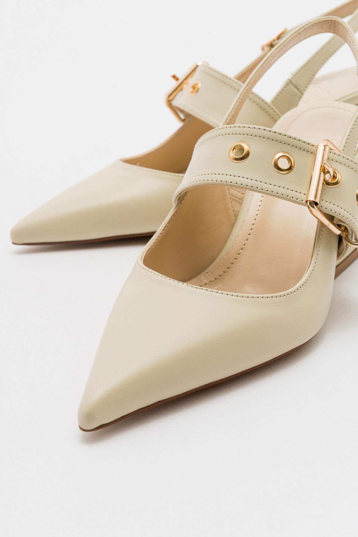 Nepido - Off-White Pointed Toe Backless Block Heel Shoe – detail view showing leather, white, SimmiUnique