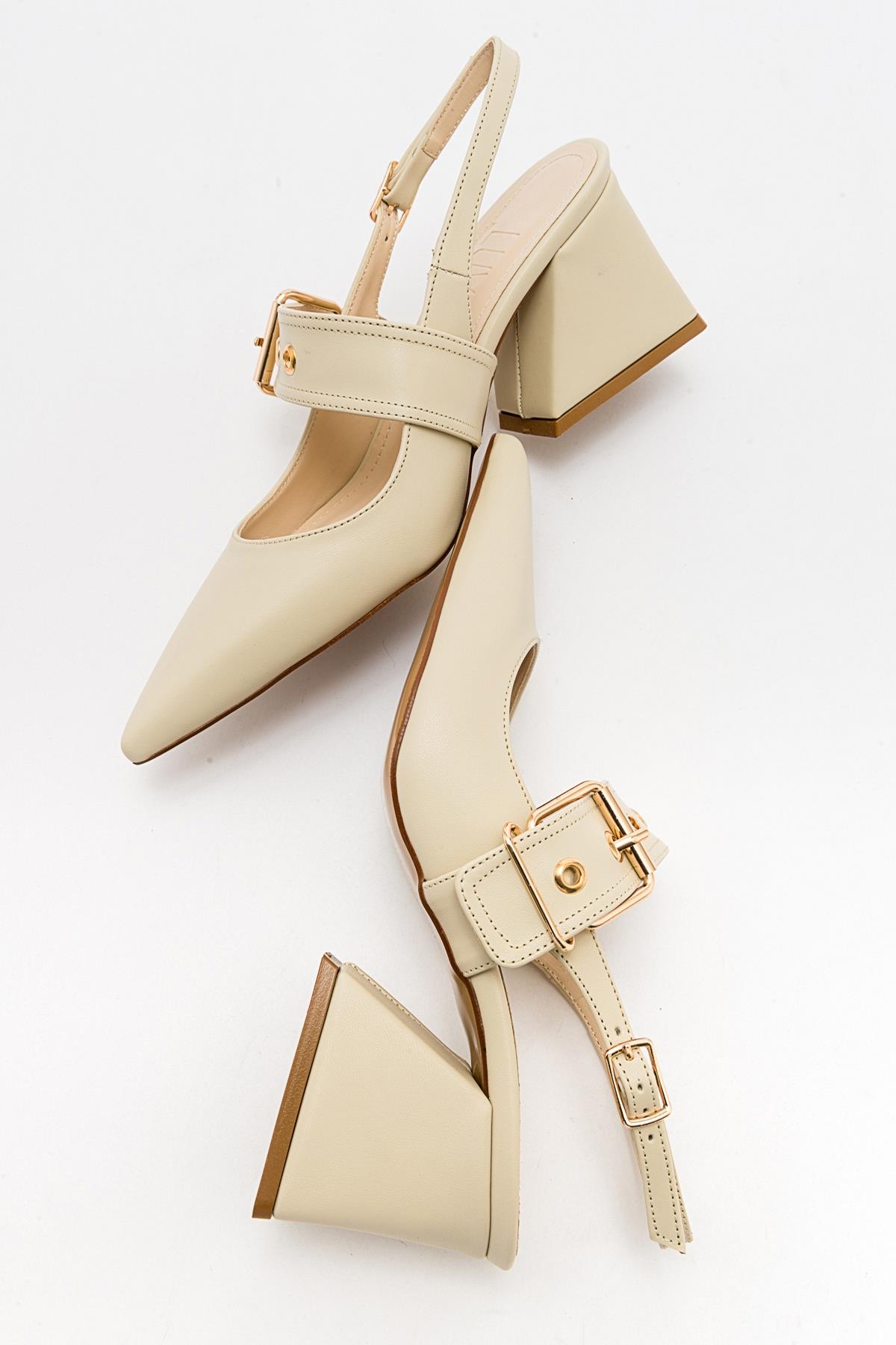 Nepido - Off-White Pointed Toe Backless Block Heel Shoe – heel view showing leather, white, SimmiUnique