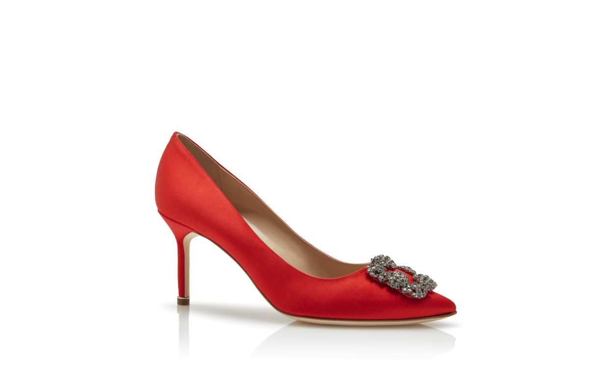 Ophelia Bloom Red Jewel Buckle Pumps – top view showing red jewel buckle, crystal buckle, almond toe, satin, SimmiUnique
