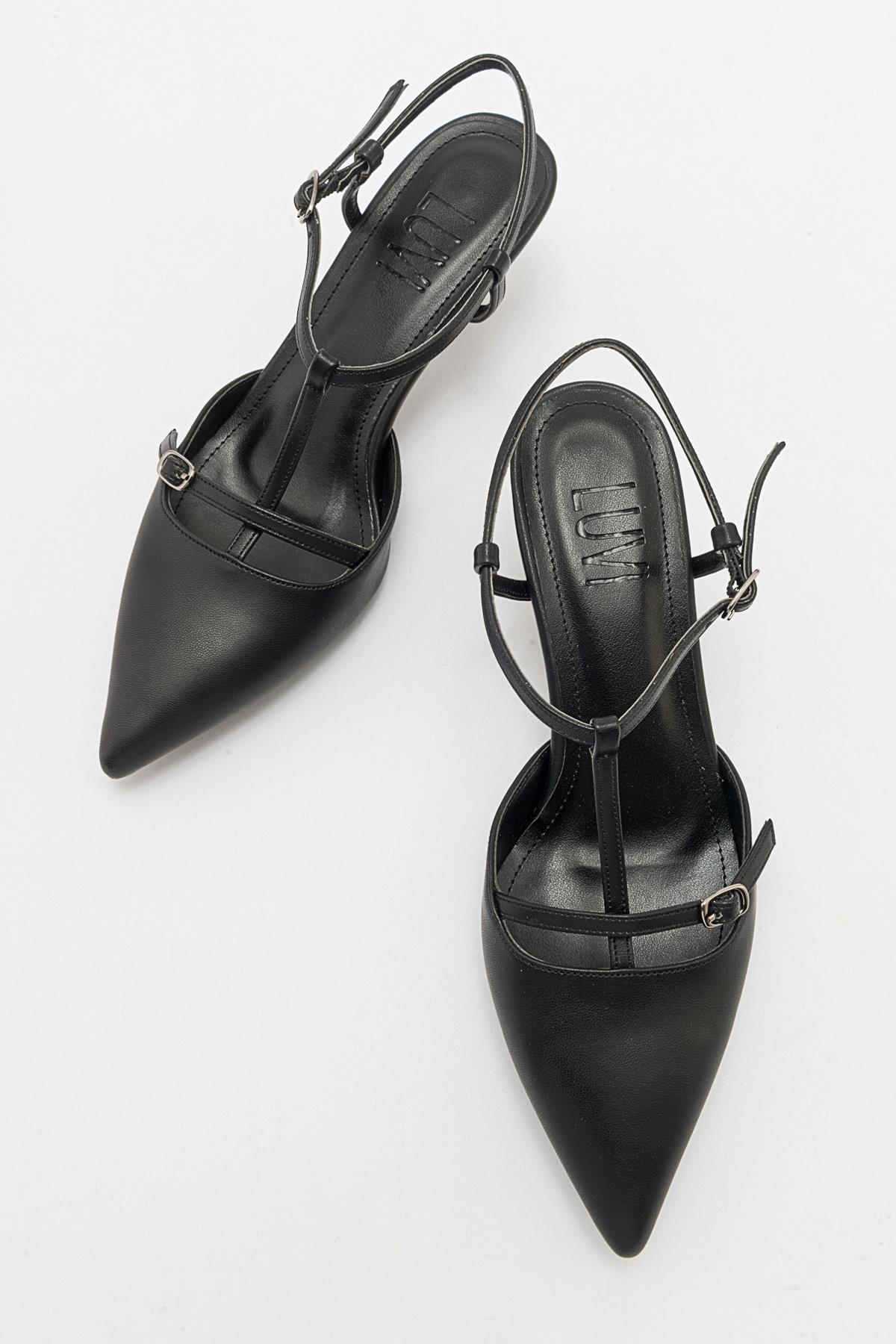 Frans - Black Pointed Toe Backless Low Heel Shoe – side view showing leather, black, SimmiUnique