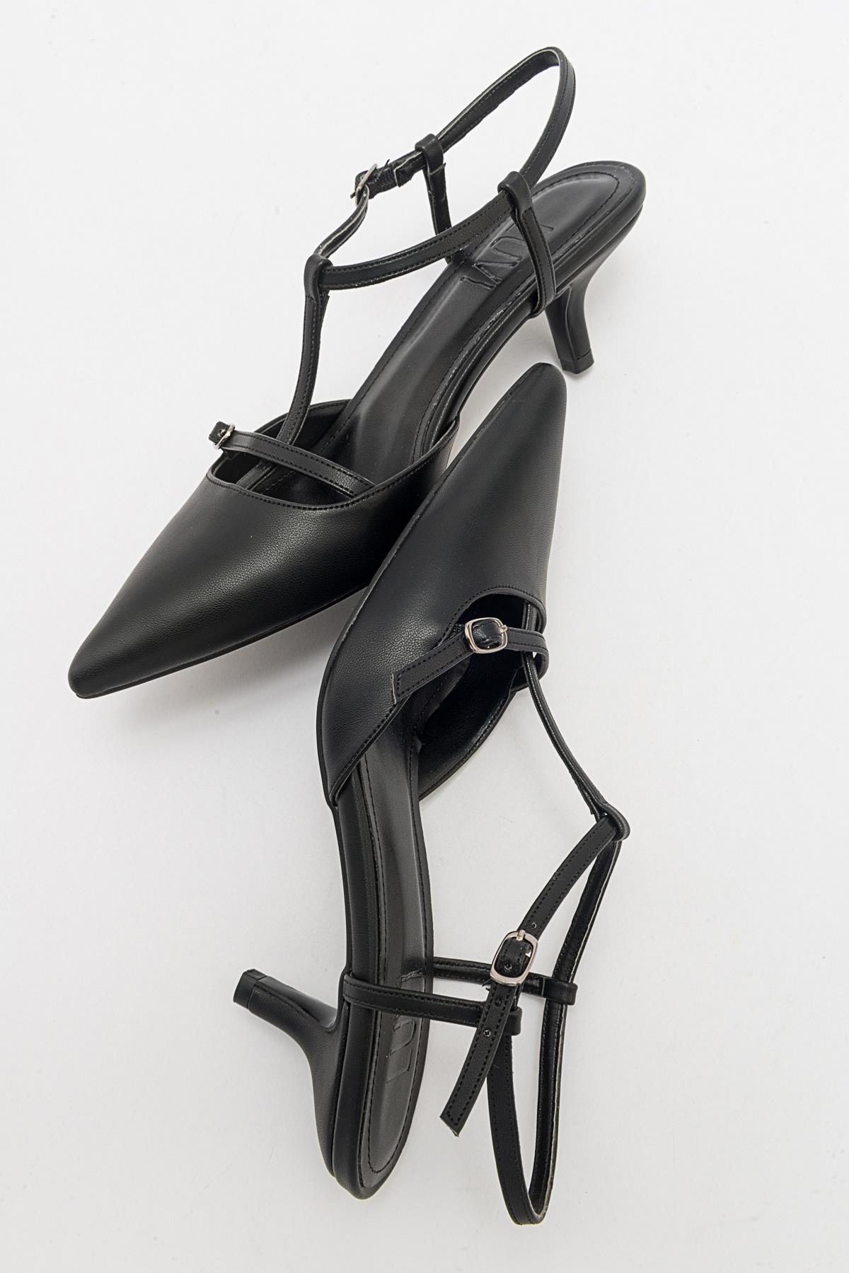 Frans - Black Pointed Toe Backless Low Heel Shoe – detail view showing leather, black, SimmiUnique