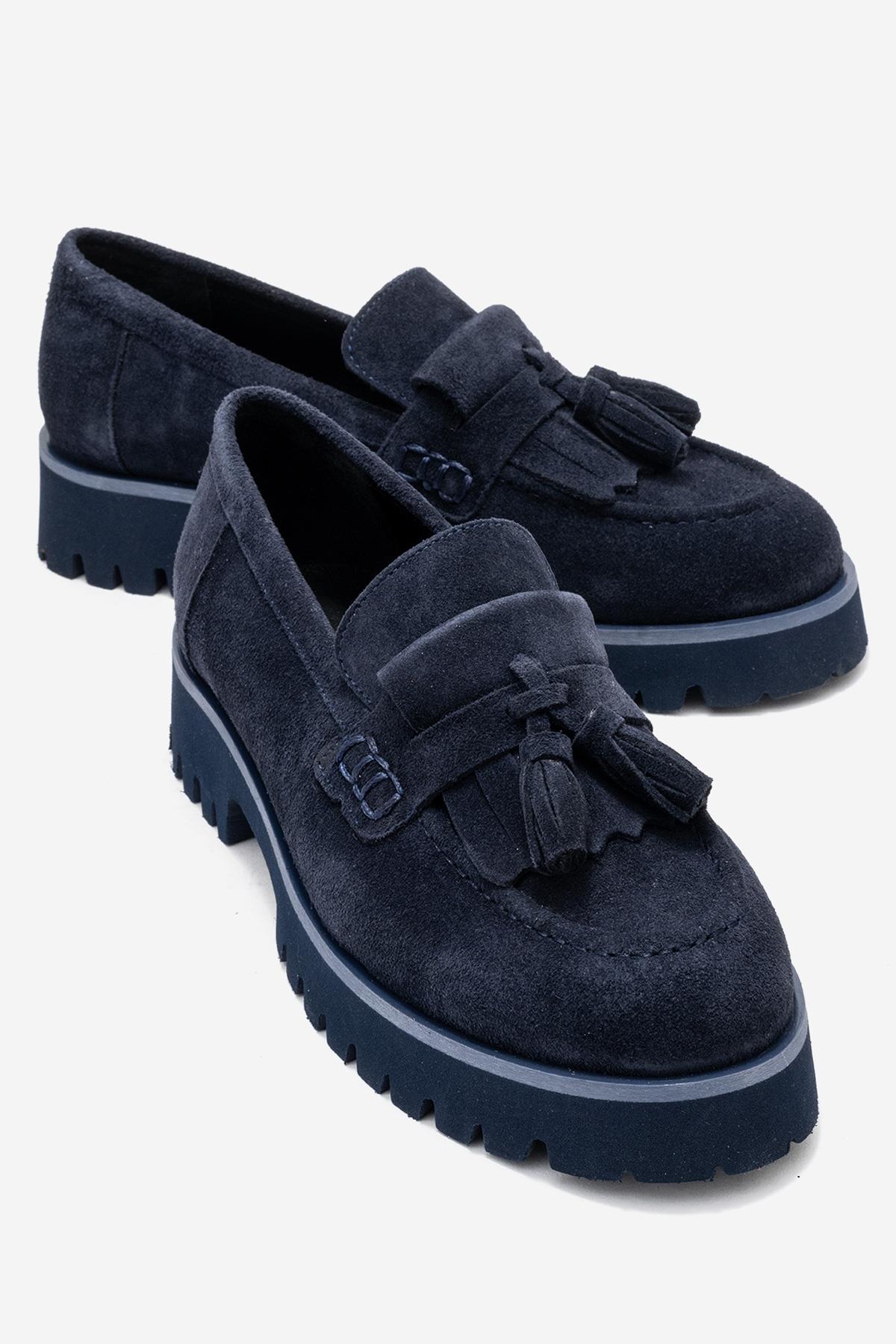 Poen - Navy Suede Genuine Leather Tassel Loafer – front three-quarter view showing leather, suede, SimmiUnique