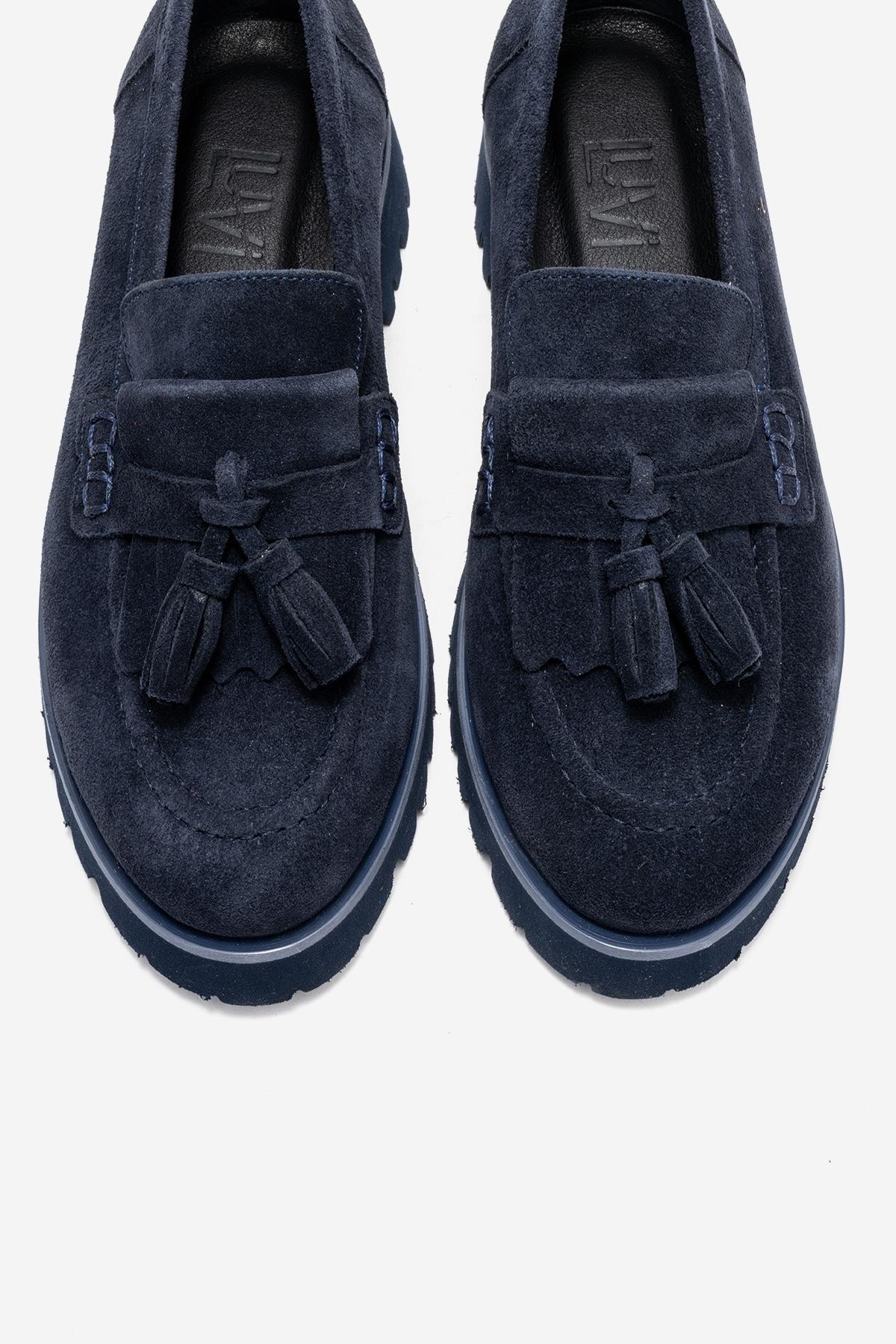 Poen - Navy Suede Genuine Leather Tassel Loafer – side view showing leather, suede, SimmiUnique