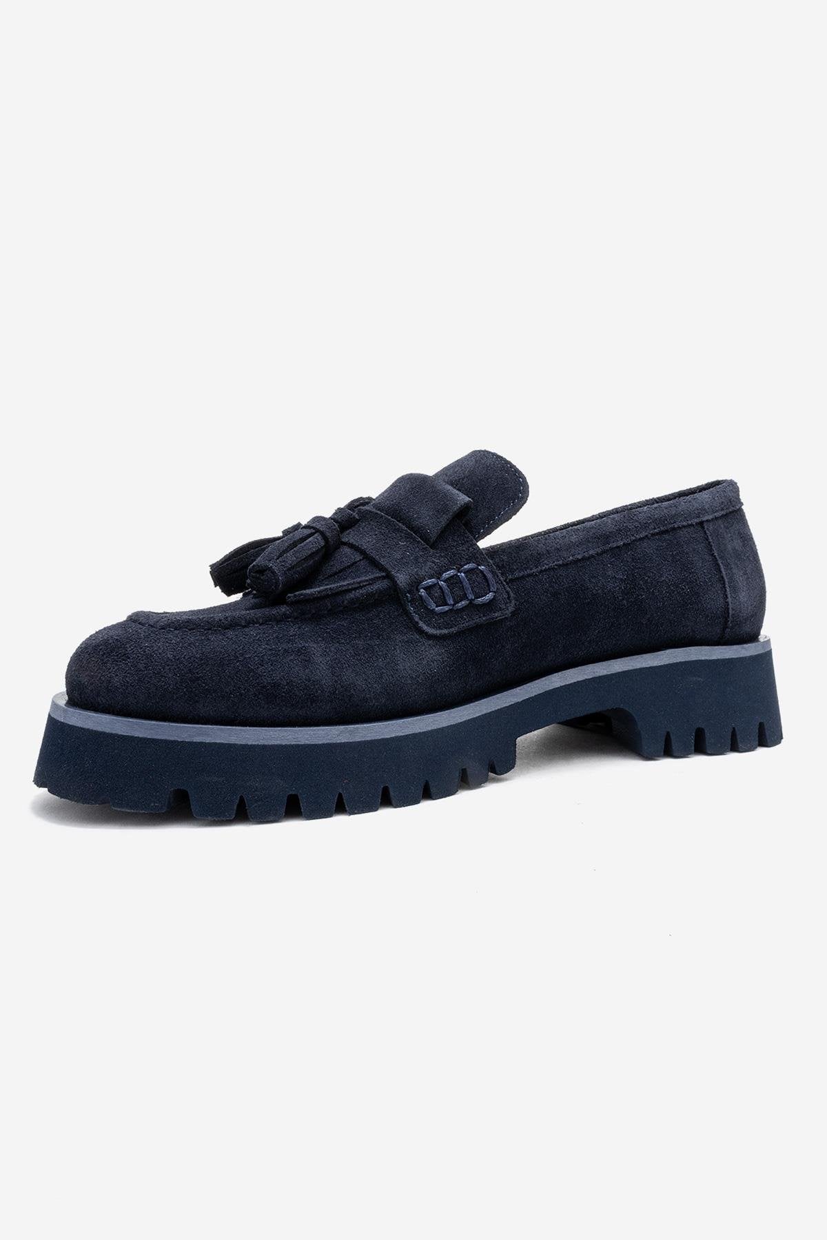 Poen - Navy Suede Genuine Leather Tassel Loafer – heel view showing leather, suede, SimmiUnique