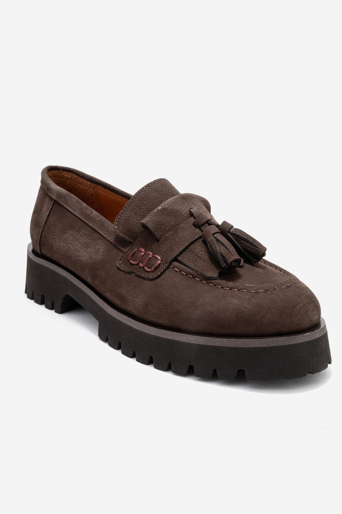Poen - Brown Nubuck Genuine Leather Tassel Loafer – detail view showing leather, SimmiUnique