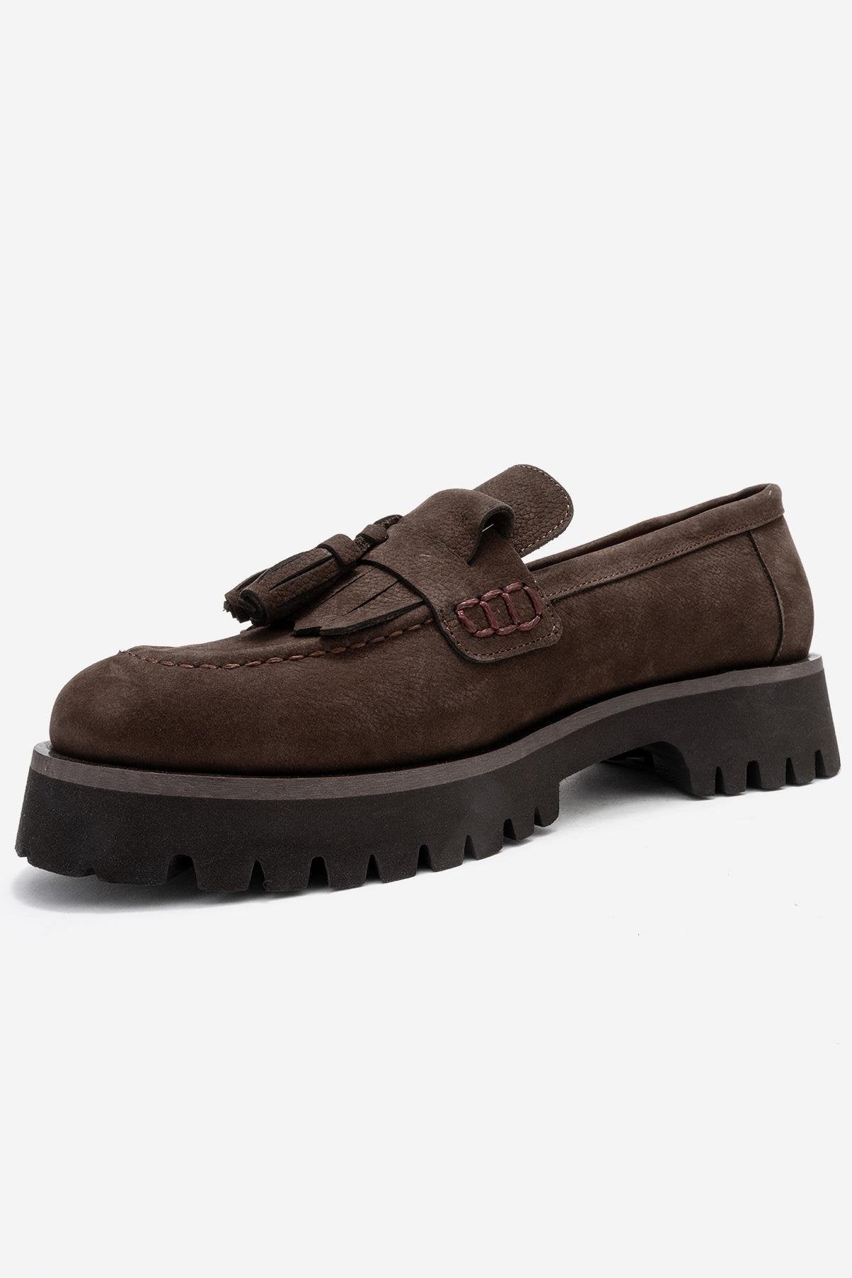 Poen - Brown Nubuck Genuine Leather Tassel Loafer – heel view showing leather, SimmiUnique