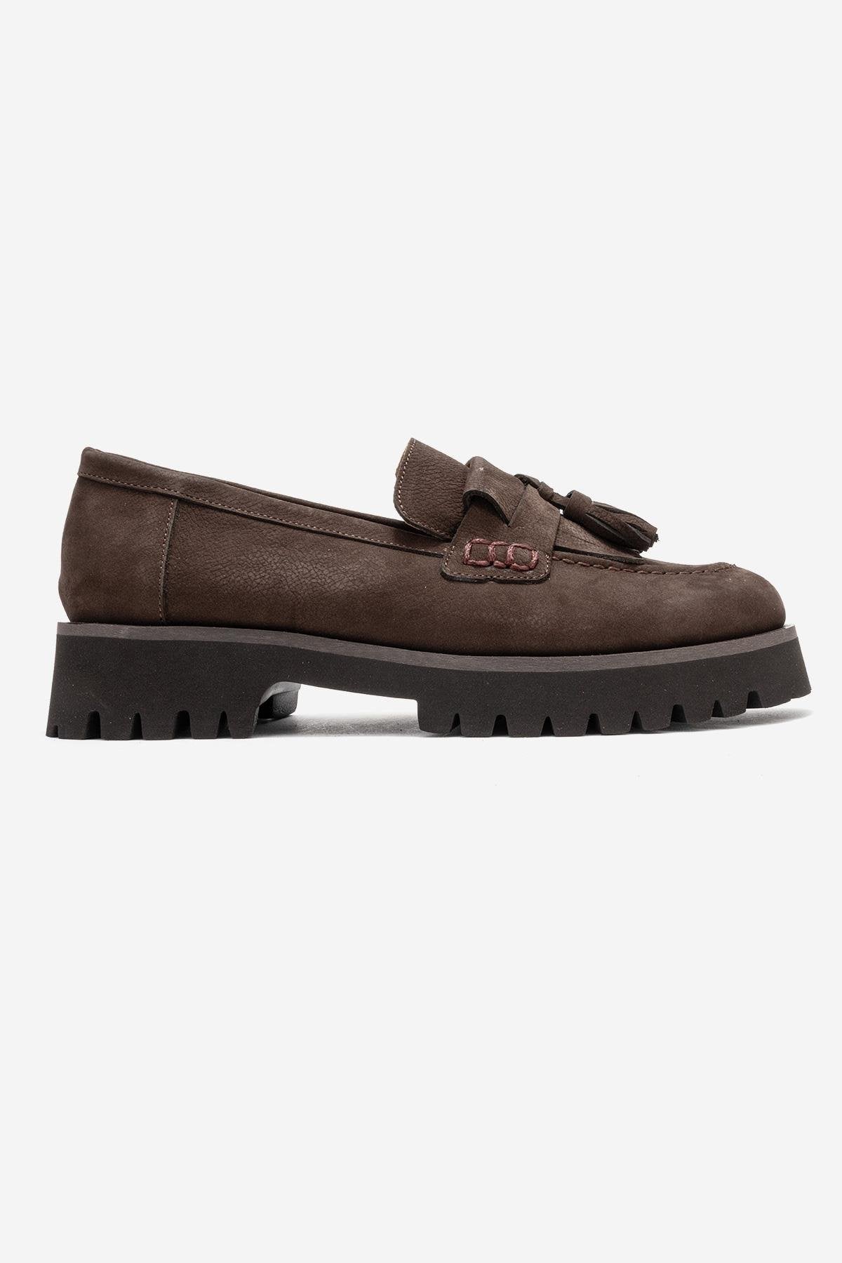 Poen - Brown Nubuck Genuine Leather Tassel Loafer – top view showing leather, SimmiUnique