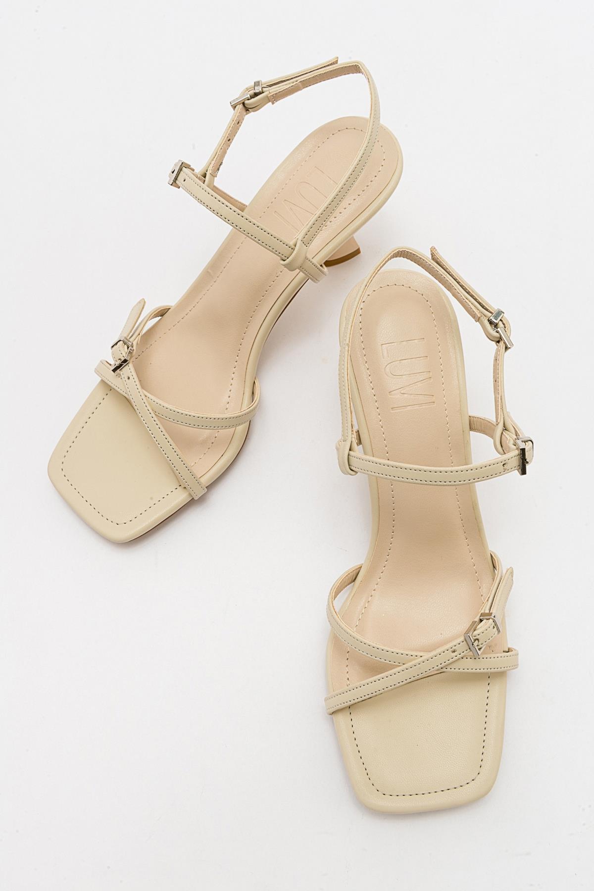 Nebel - Ecru Heeled Sandal – side view showing leather, SimmiUnique