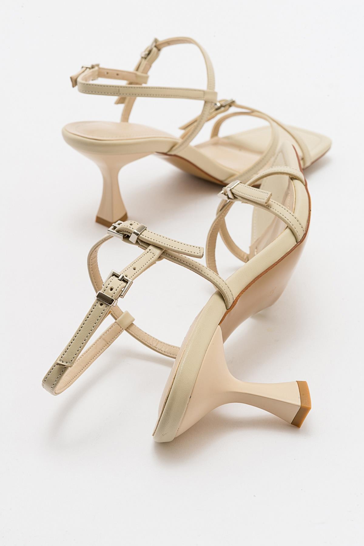 Nebel - Ecru Heeled Sandal – detail view showing leather, SimmiUnique