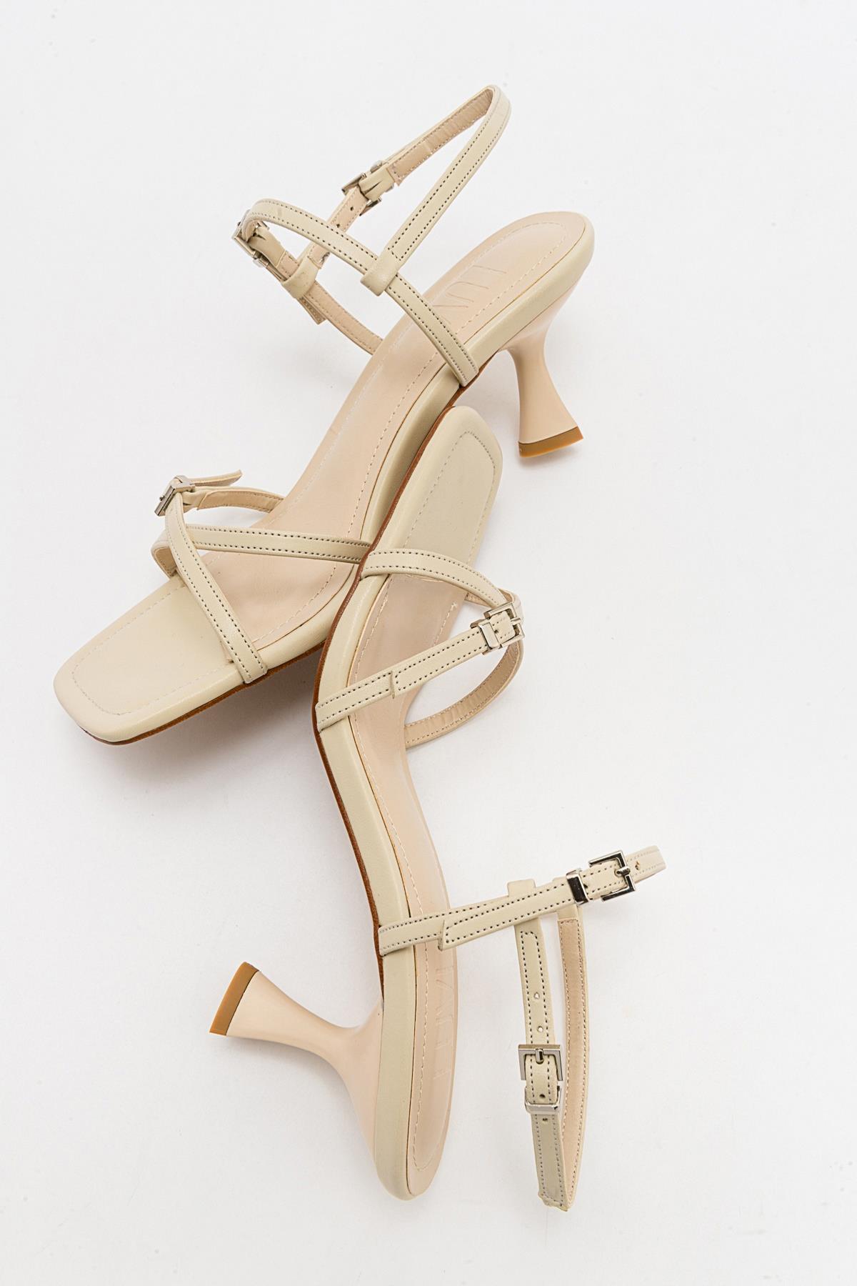 Nebel - Ecru Heeled Sandal – heel view showing leather, SimmiUnique