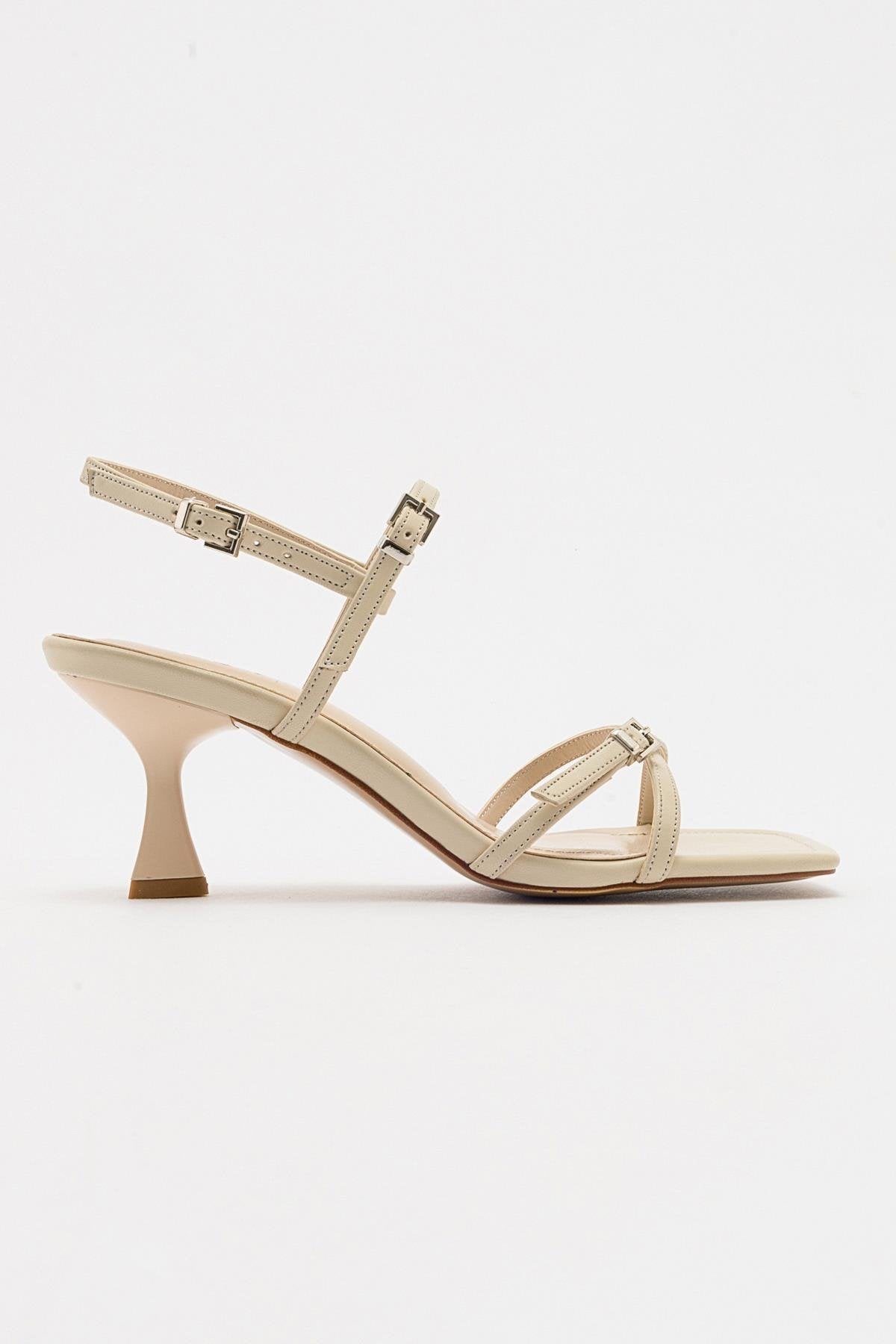 Nebel - Ecru Heeled Sandal – top view showing leather, SimmiUnique