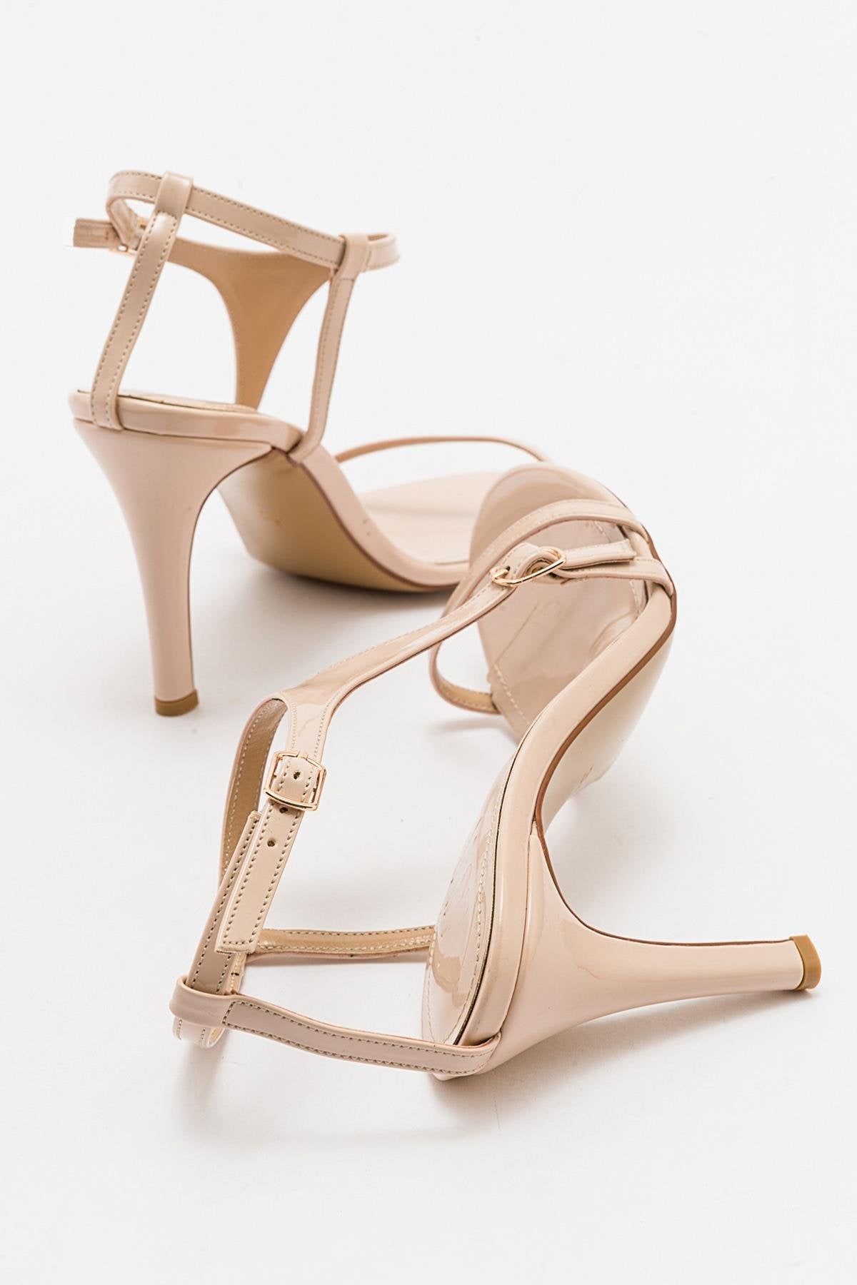 Molde - Beige Patent Stiletto Heel Shoe – side view showing leather, SimmiUnique