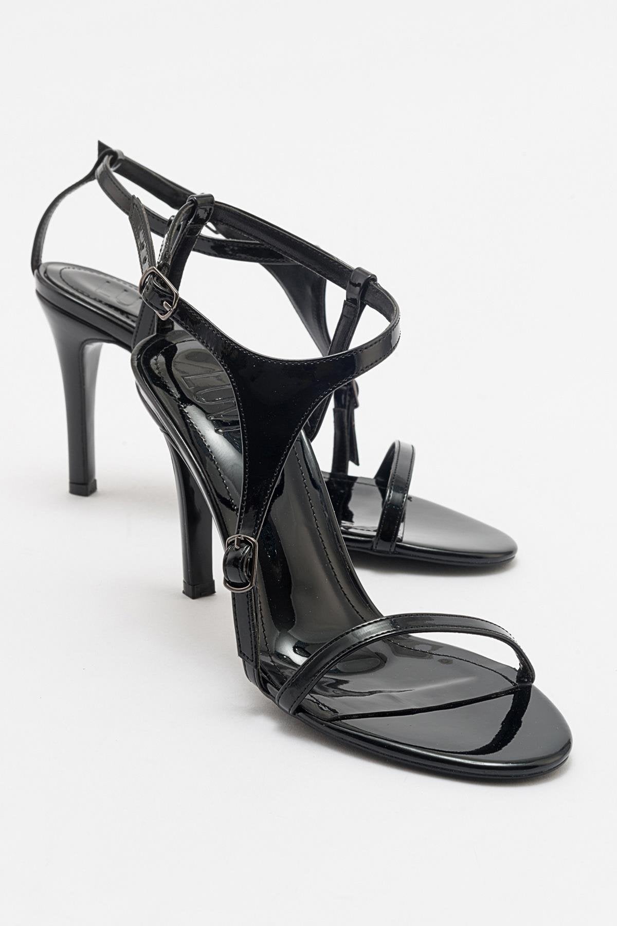 Molde - Black Patent Stiletto Heel Shoe – front three-quarter view showing leather, black, SimmiUnique