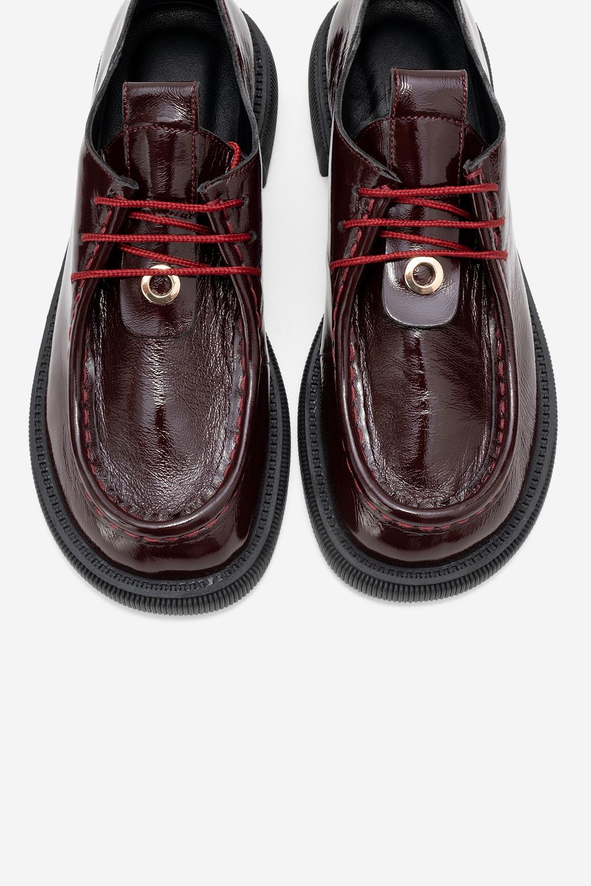 Band - Burgundy Crinkled Patent Genuine Leather Lace-Up Loafer – side view showing lace, leather, SimmiUnique