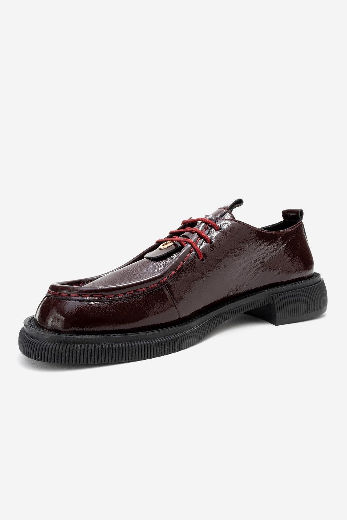 Band - Burgundy Crinkled Patent Genuine Leather Lace-Up Loafer – heel view showing lace, leather, SimmiUnique