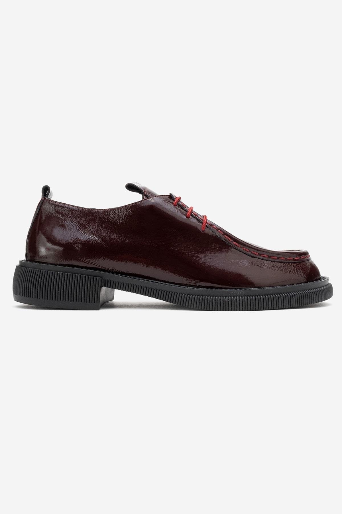Band - Burgundy Crinkled Patent Genuine Leather Lace-Up Loafer – top view showing lace, leather, SimmiUnique