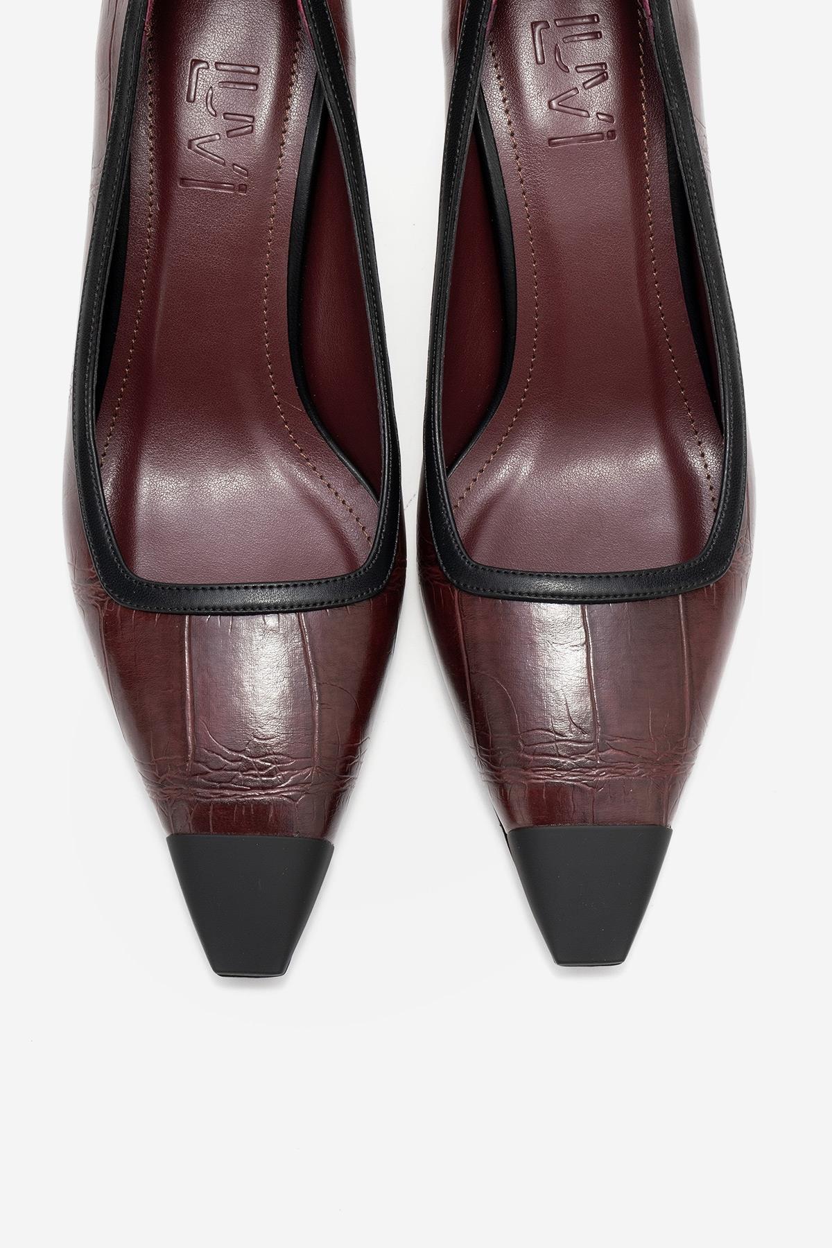 Rona - Burgundy Printed Matte Toe Heeled Shoe – side view showing leather, SimmiUnique
