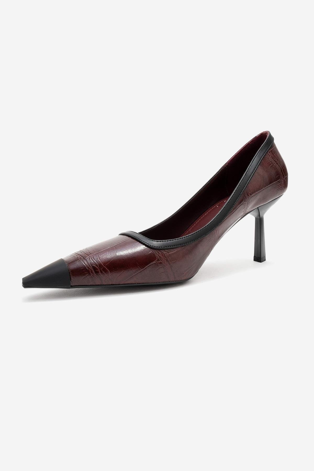 Rona - Burgundy Printed Matte Toe Heeled Shoe – heel view showing leather, SimmiUnique