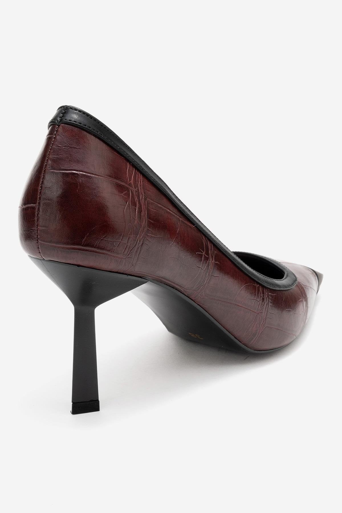 Rona - Burgundy Printed Matte Toe Heeled Shoe – back view showing leather, SimmiUnique