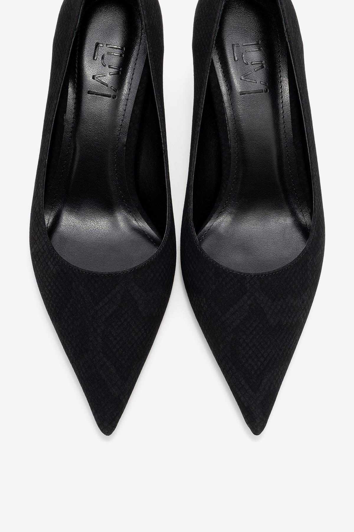 Marcus - Black Patterned Heeled Shoe – side view showing leather, black, red, SimmiUnique