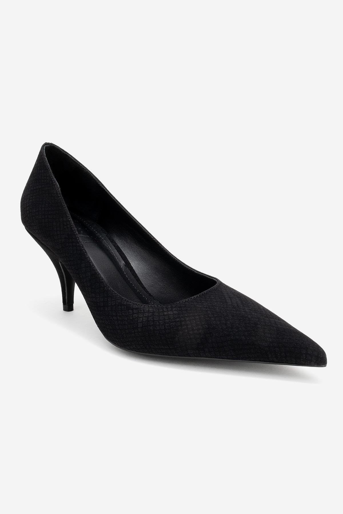 Marcus - Black Patterned Heeled Shoe – detail view showing leather, black, red, SimmiUnique