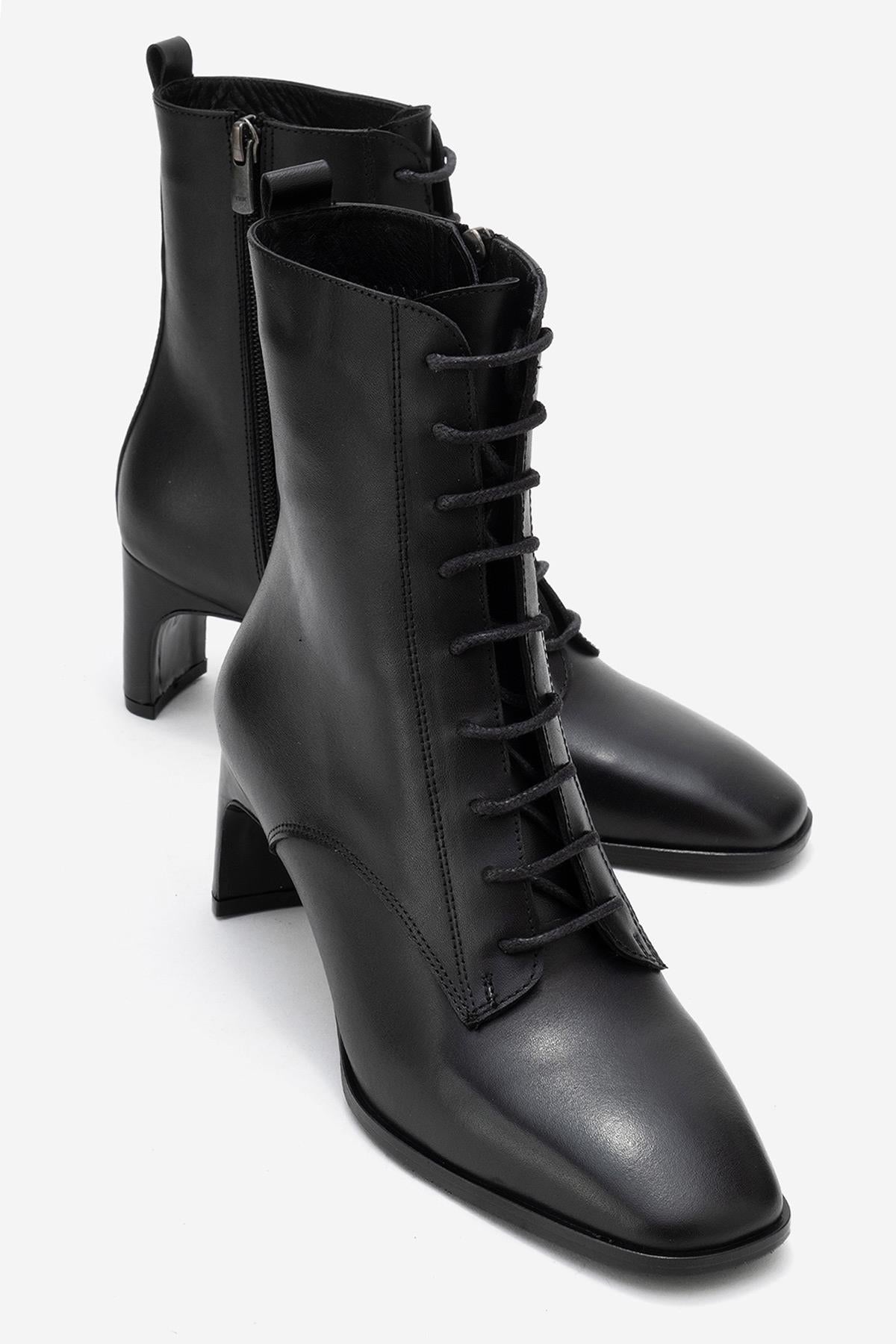 Sudy - Black Genuine Leather Lace-Up Block Heel Boot – front three-quarter view showing lace, leather, black, SimmiUnique