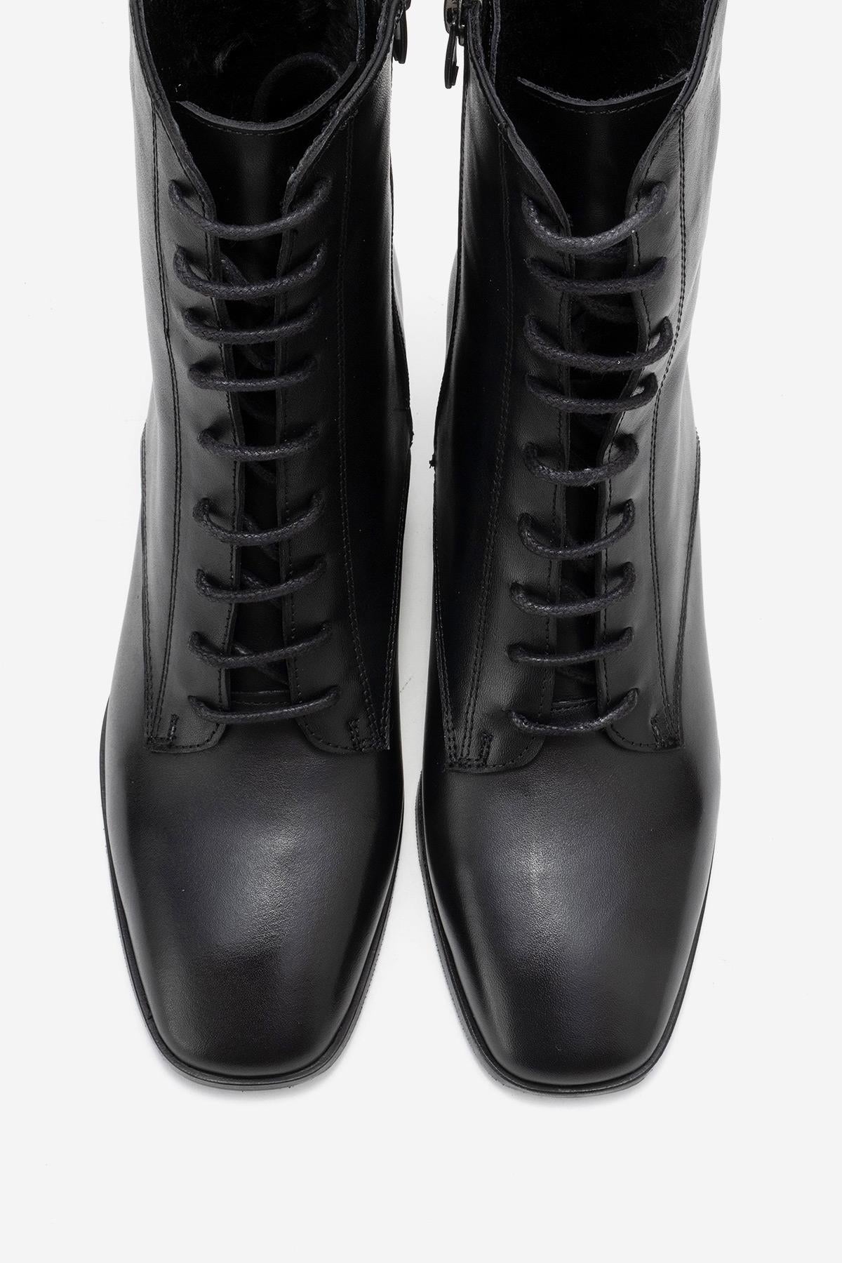 Sudy - Black Genuine Leather Lace-Up Block Heel Boot – side view showing lace, leather, black, SimmiUnique