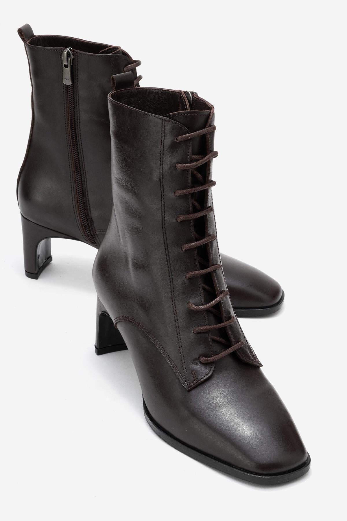 Sudy - Brown Genuine Leather Lace-Up Block Heel Boot – front three-quarter view showing lace, leather, SimmiUnique