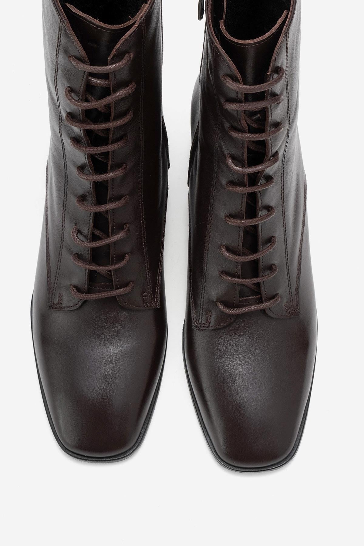 Sudy - Brown Genuine Leather Lace-Up Block Heel Boot – side view showing lace, leather, SimmiUnique