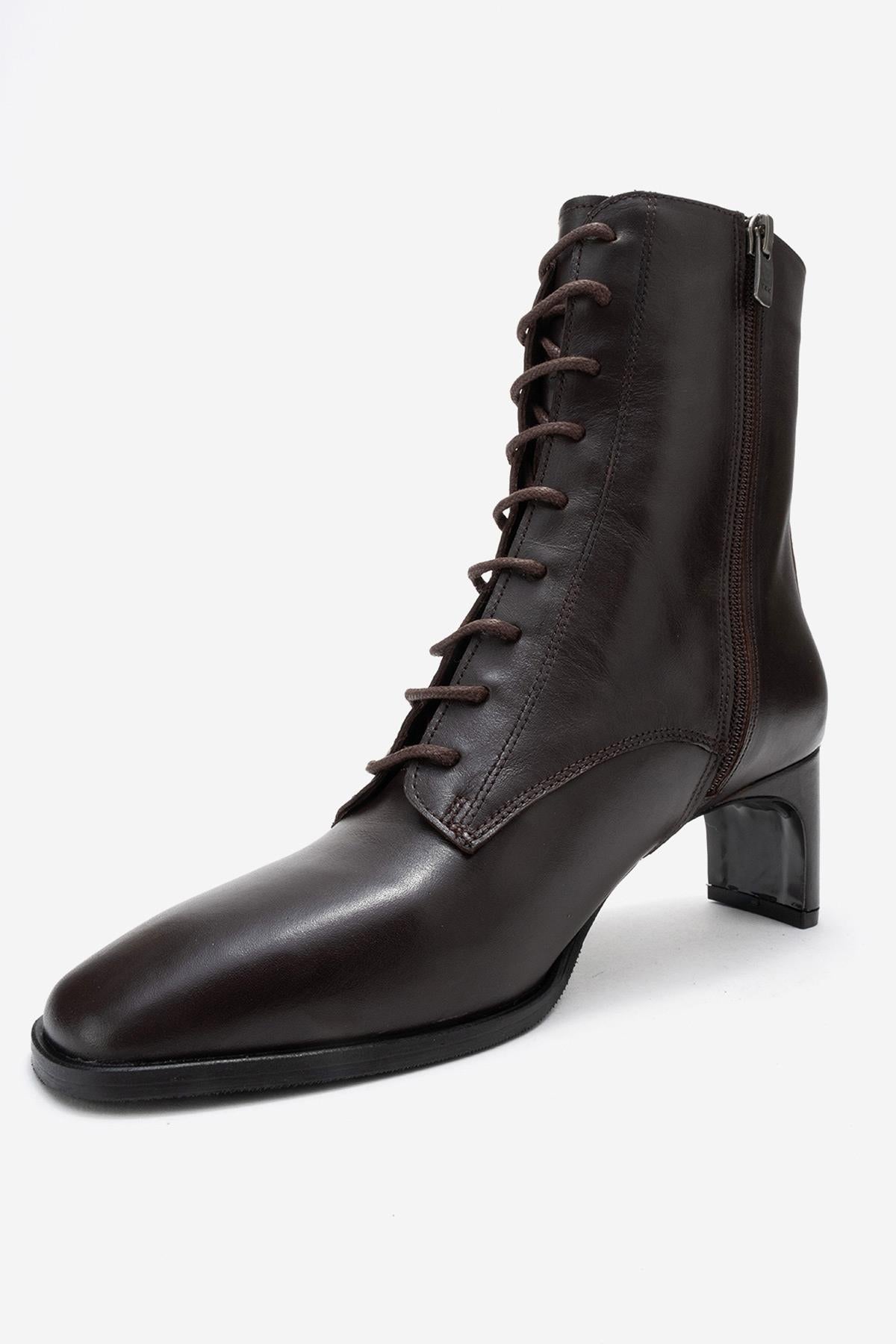 Sudy - Brown Genuine Leather Lace-Up Block Heel Boot – heel view showing lace, leather, SimmiUnique