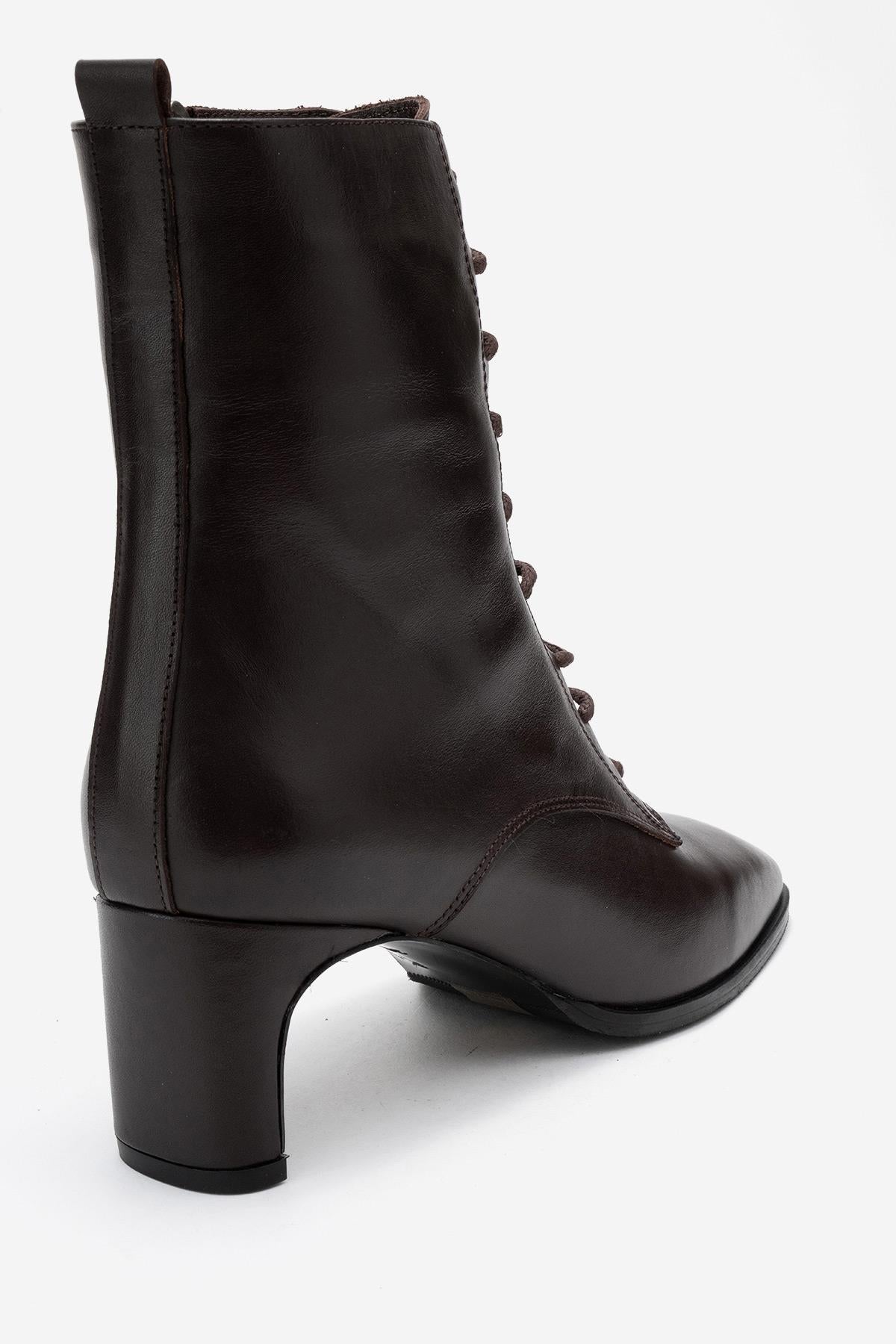 Sudy - Brown Genuine Leather Lace-Up Block Heel Boot – back view showing lace, leather, SimmiUnique