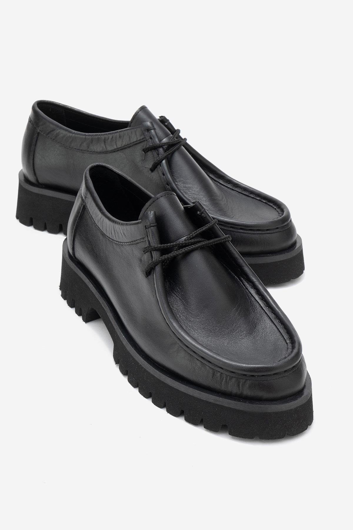 Talia - Black Genuine Leather Lace-Up Loafer – front three-quarter view showing lace, leather, black, SimmiUnique