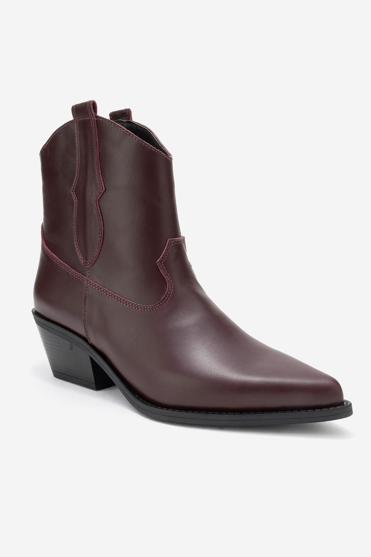 Elia - Burgundy Genuine Leather Western Boot – detail view showing leather, SimmiUnique