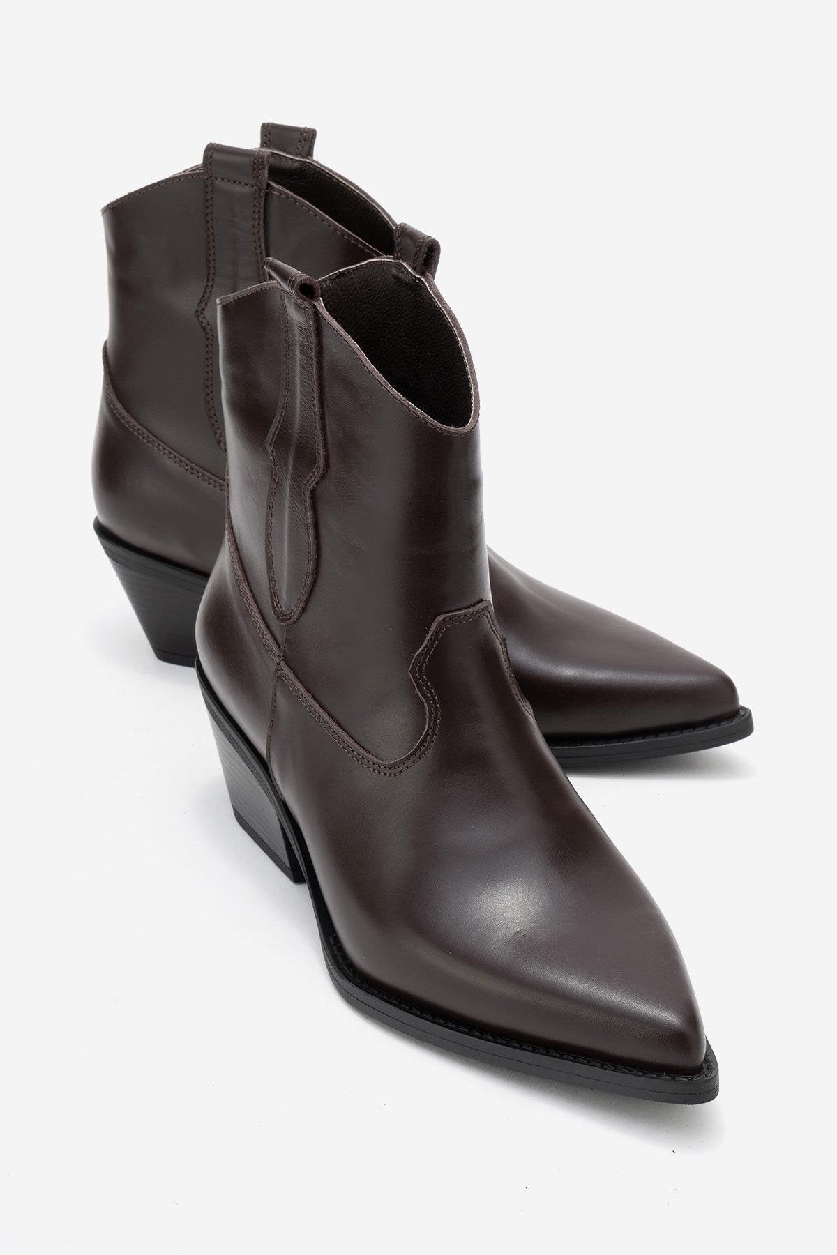 Elia - Brown Genuine Leather Western Boot – front three-quarter view showing leather, red, SimmiUnique