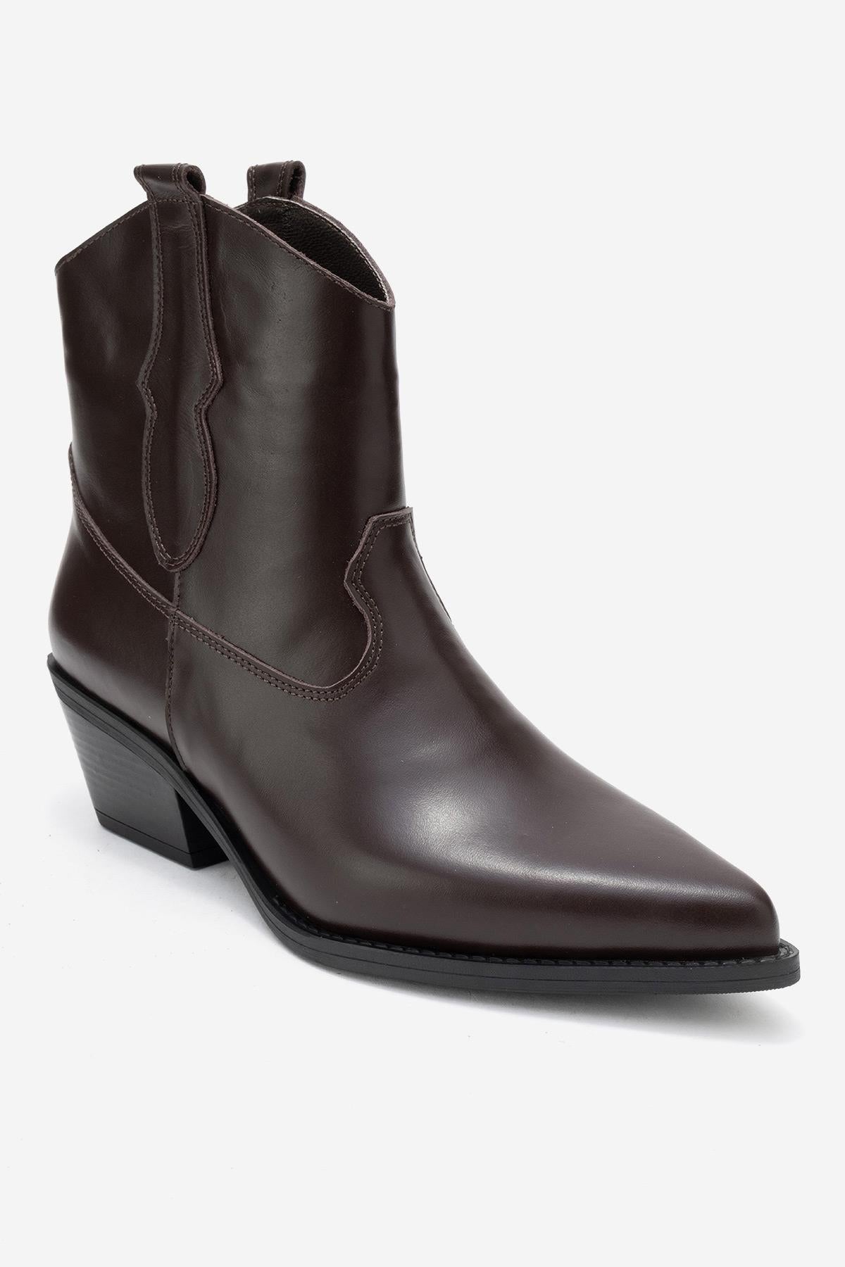 Elia - Brown Genuine Leather Western Boot – detail view showing leather, red, SimmiUnique