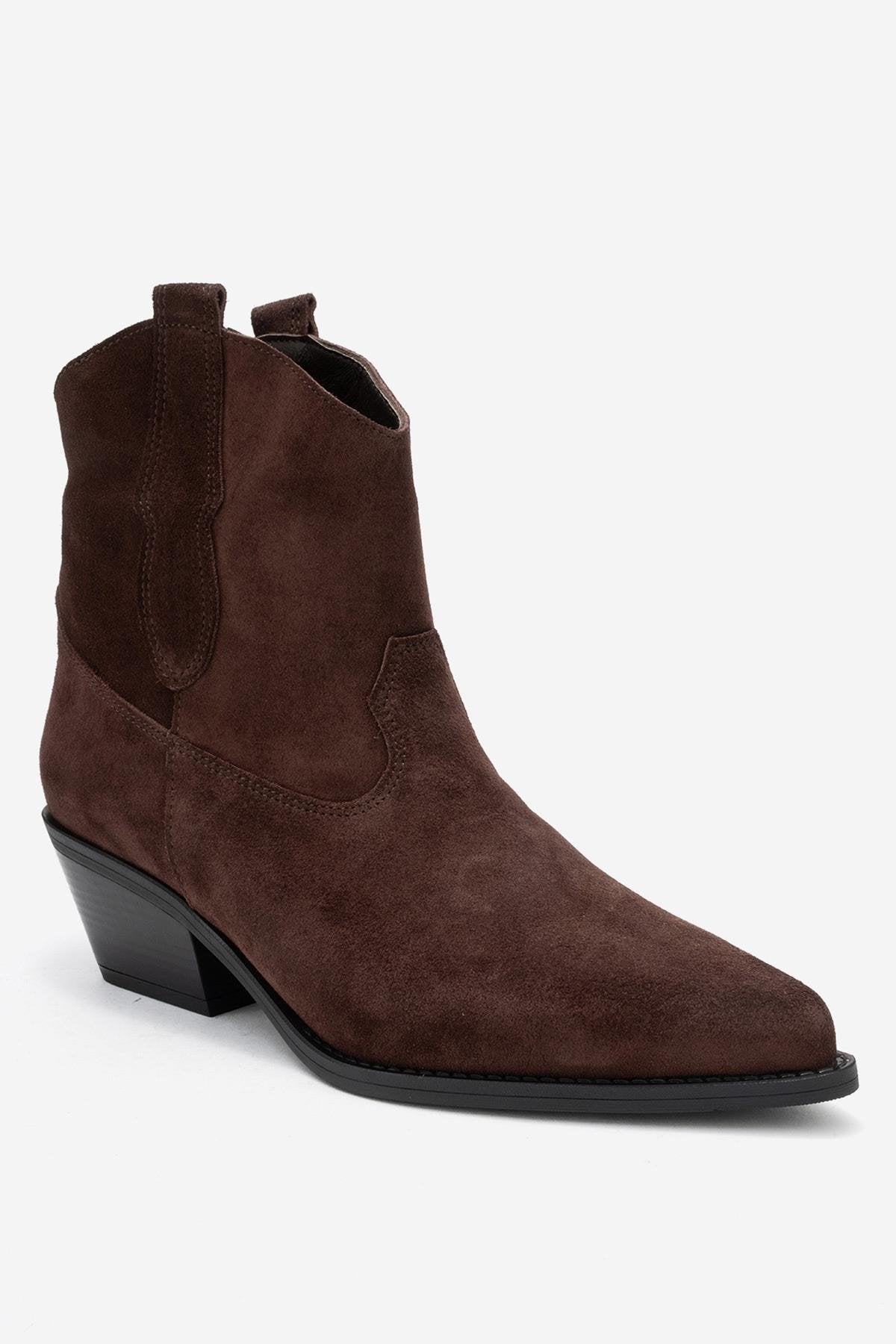 Elia - Brown Suede Genuine Leather Western Boot – detail view showing leather, suede, SimmiUnique