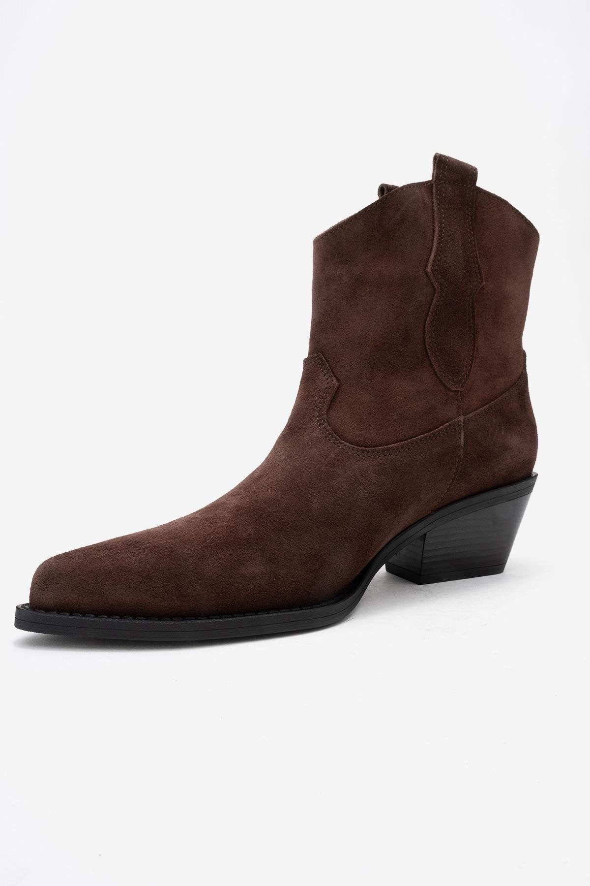 Elia - Brown Suede Genuine Leather Western Boot – heel view showing leather, suede, SimmiUnique