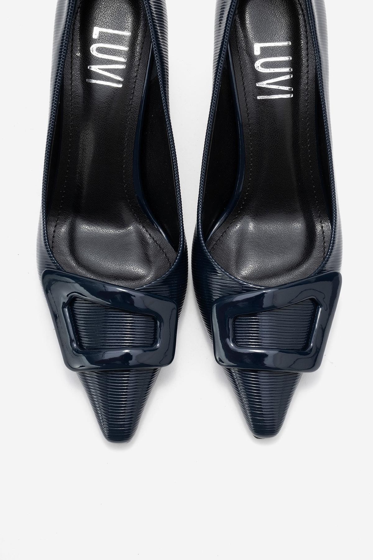 Astra - Navy Striped Buckle Pump – side view showing leather, red, SimmiUnique