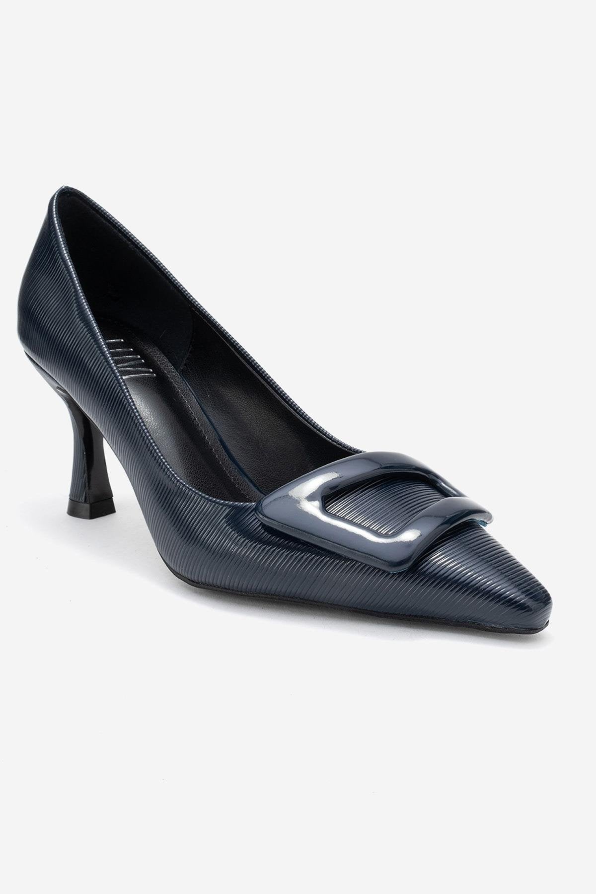 Astra - Navy Striped Buckle Pump – detail view showing leather, red, SimmiUnique