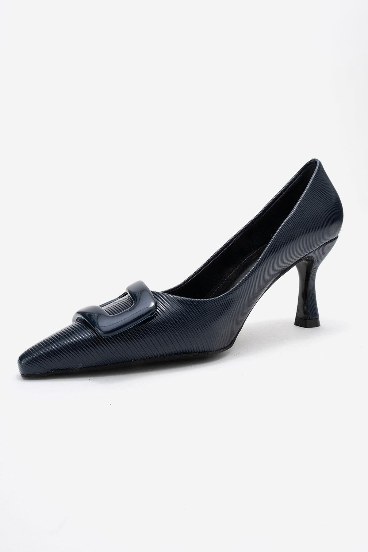 Astra - Navy Striped Buckle Pump – heel view showing leather, red, SimmiUnique