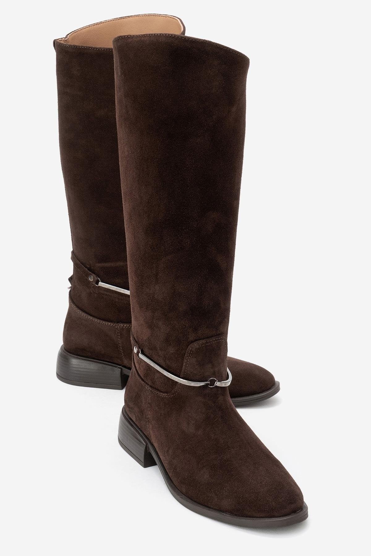 Ansel - Brown Suede Genuine Leather Ankle-Strap Riding Boot – front three-quarter view showing leather, suede, SimmiUnique
